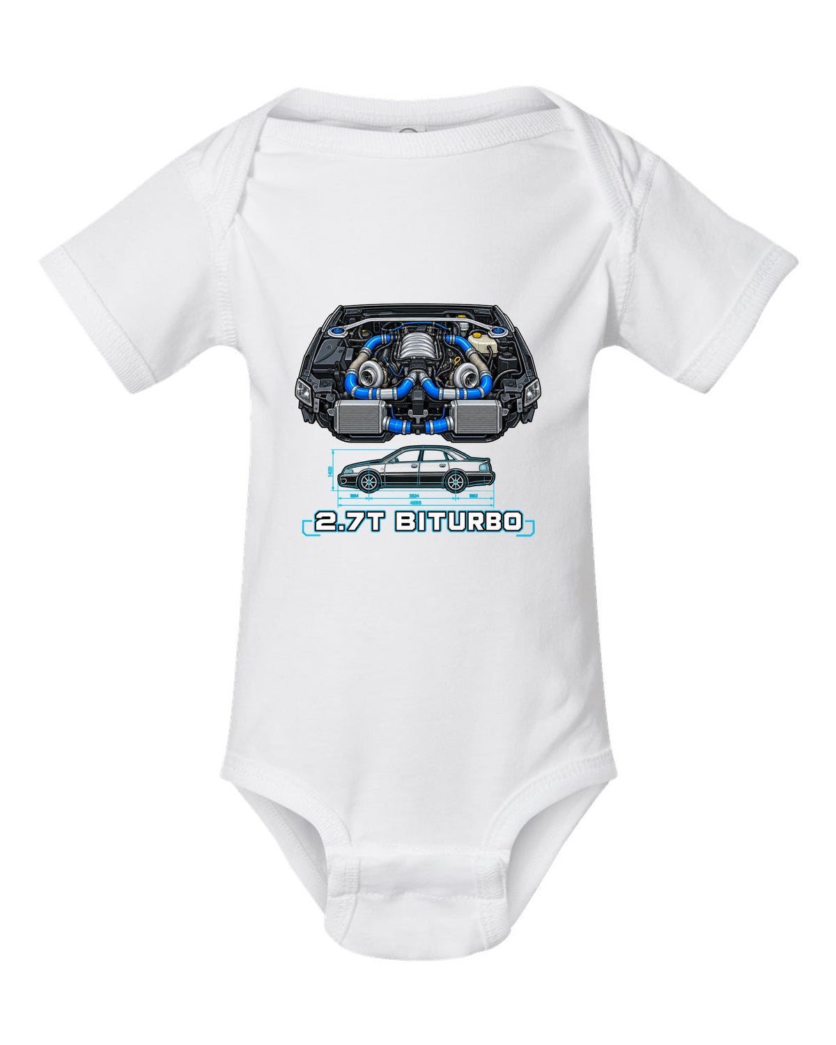 Technical blueprint print of an Audi S4 B5 with 2.7T Biturbo text white baby onesie front view with the design