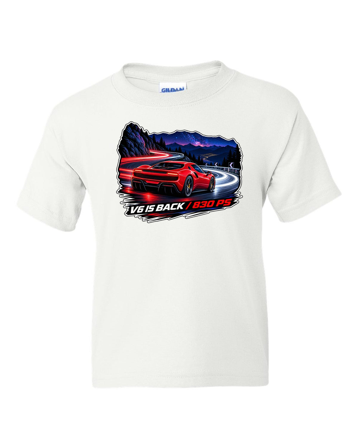 Long-exposure light trail print of the Ferrari 296 GTB with V6 is back text white kids tee front view with the design