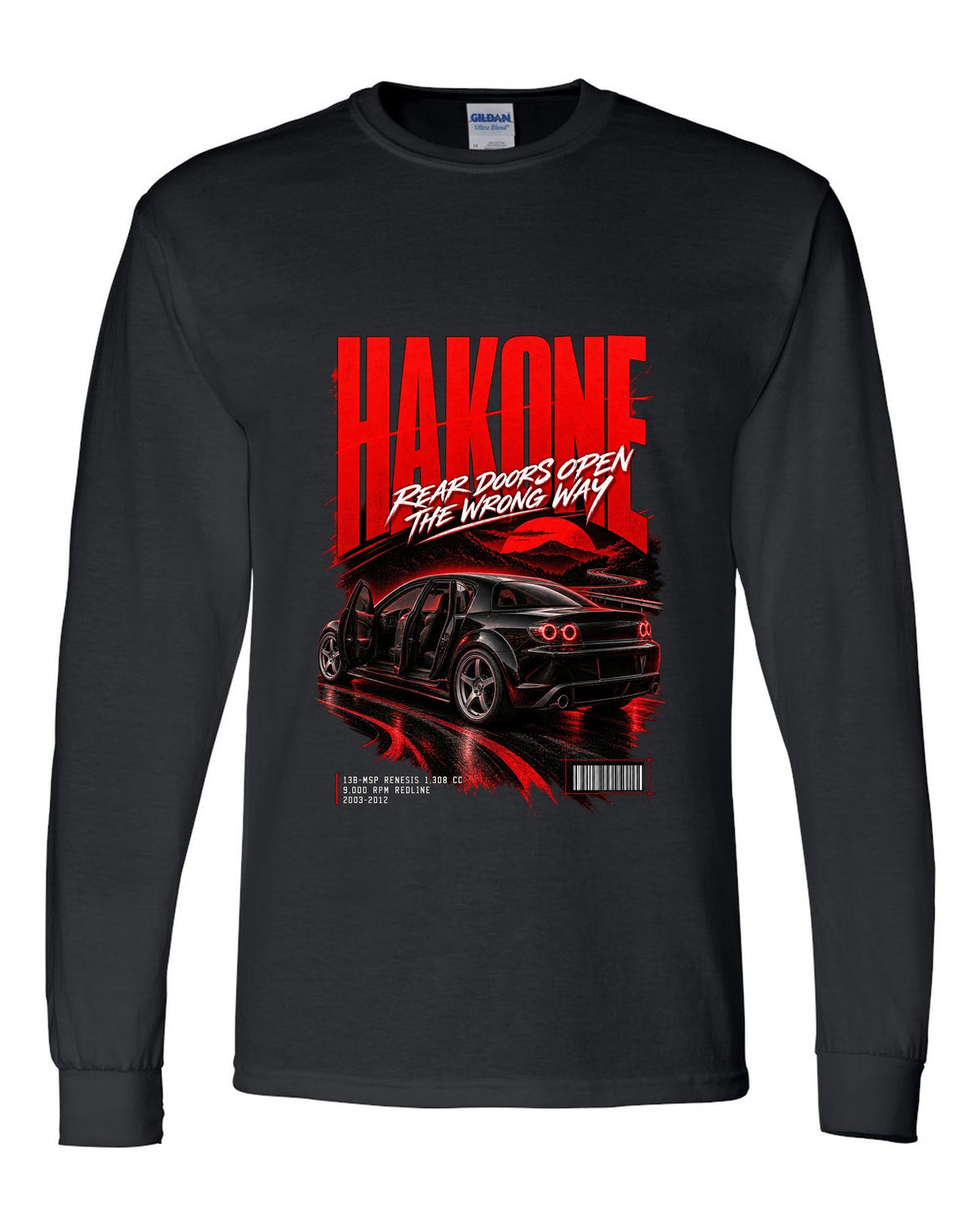 Street poster print for the 2004 Mazda RX-8 SE3P with Hakone lettering and Renesis rotary details black long sleeve front view with the design