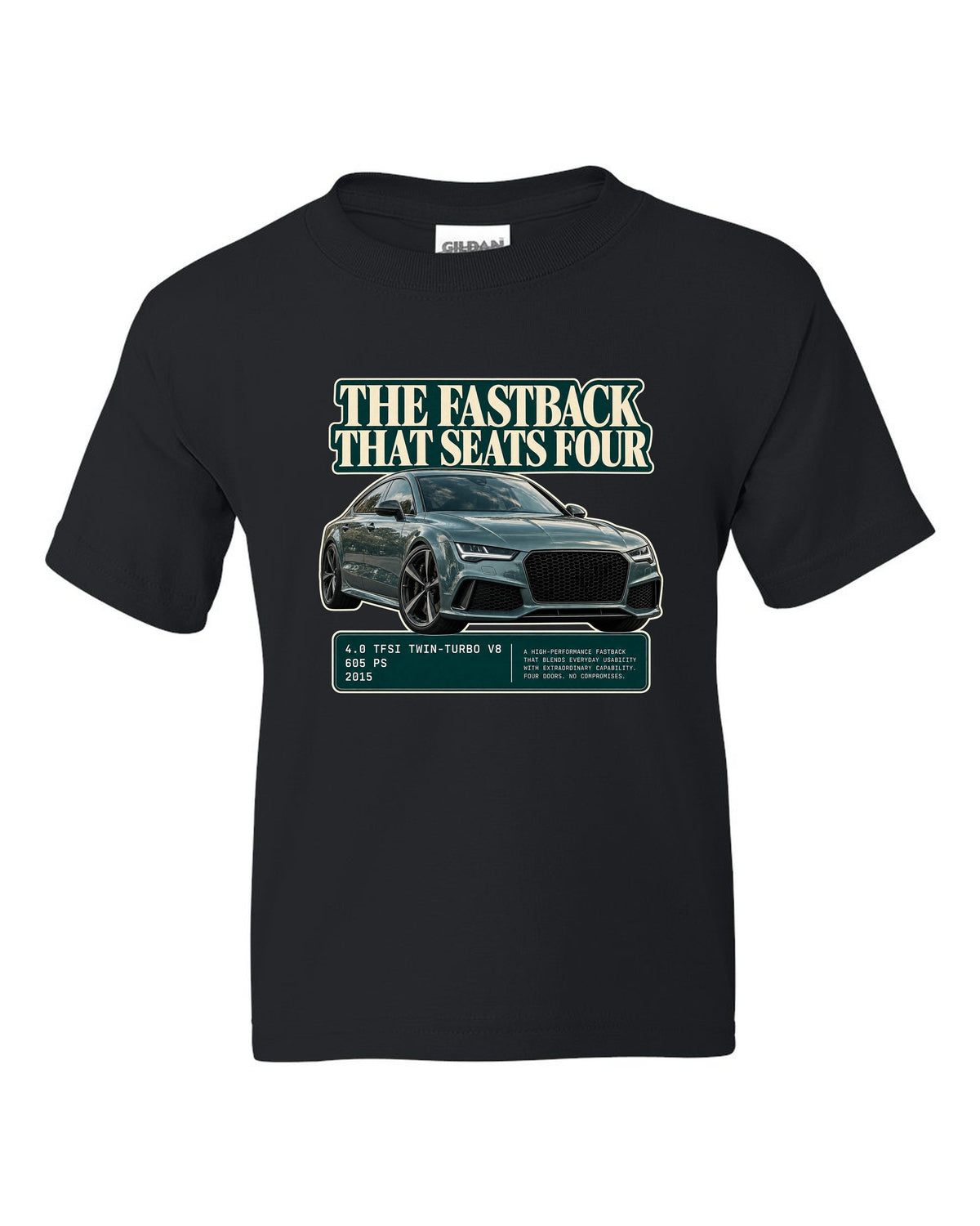 Audi RS7 Sportback C7 editorial headline print on a tee black kids tee front view with the design