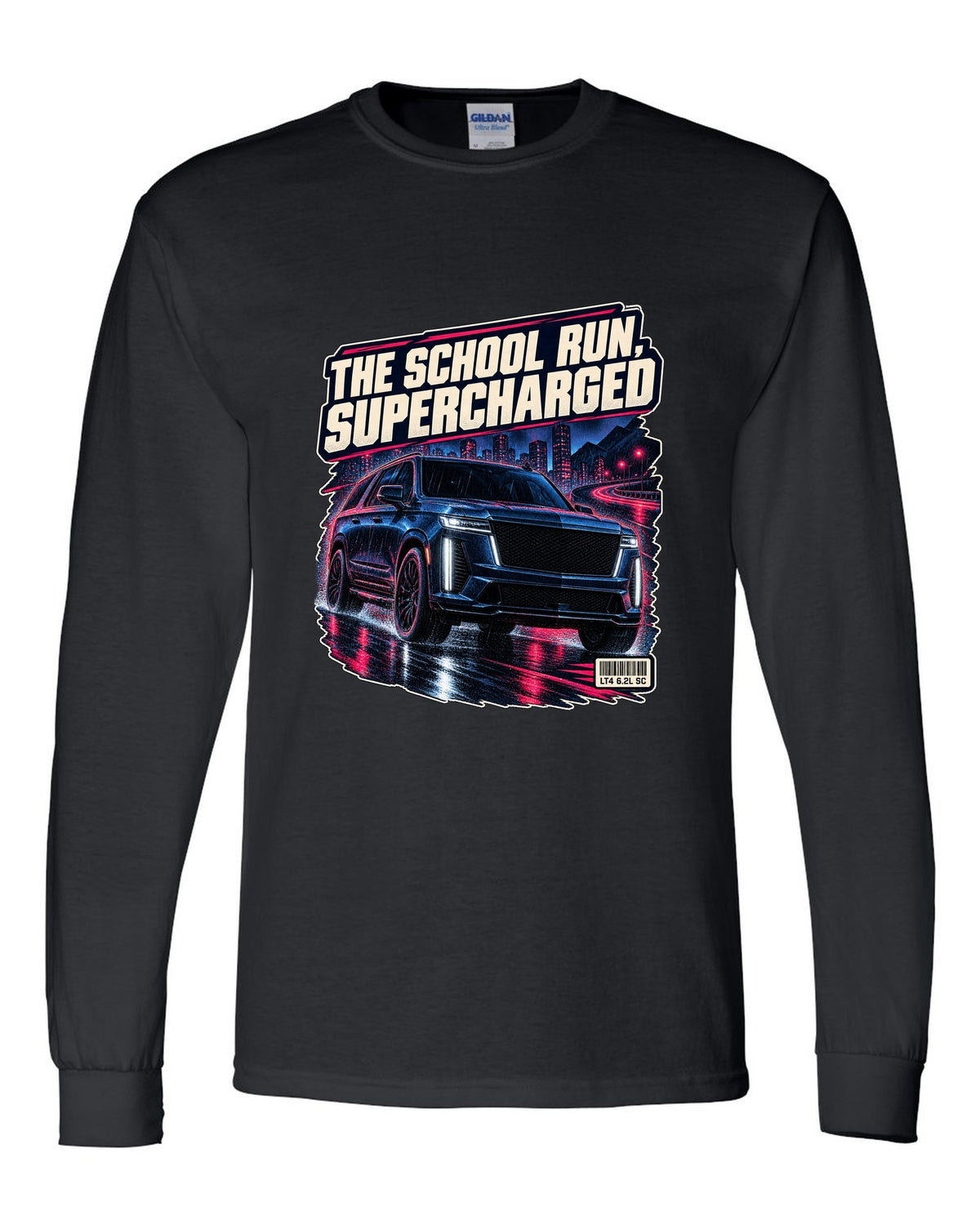 Night street print of a 2023-25 Cadillac Escalade-V black long sleeve front view with the design