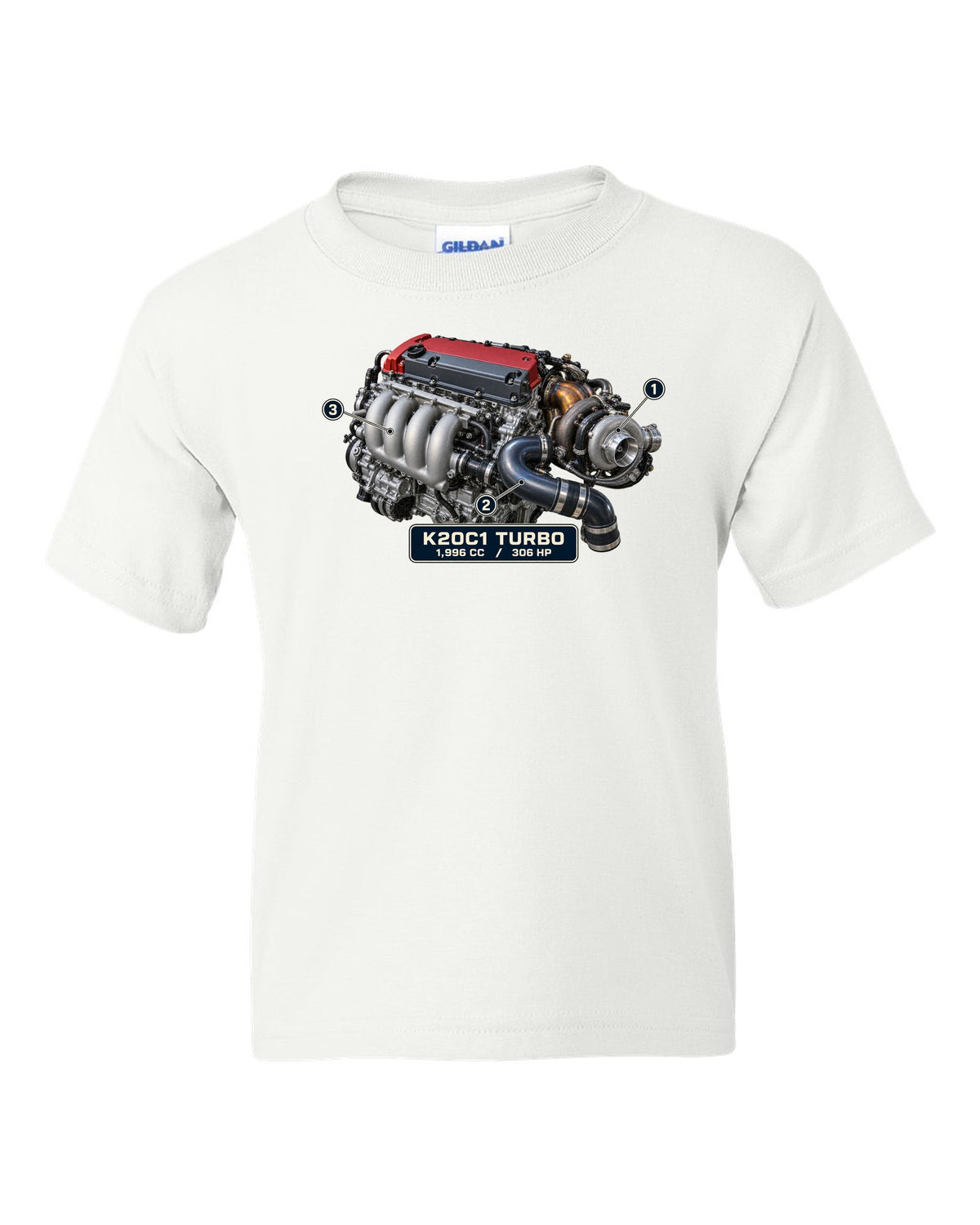 print engine illustration of the Honda Civic Type R FK8 K20C1 turbo engine white kids tee front view with the design