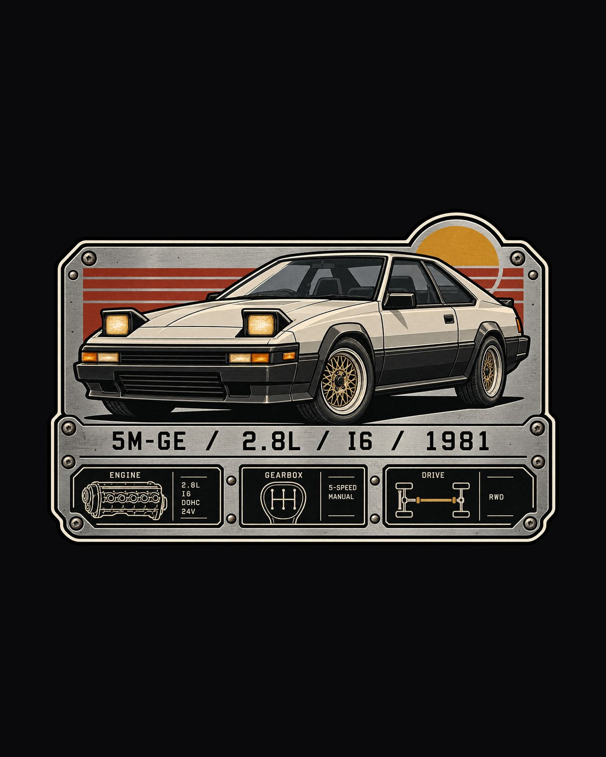 Toyota Supra A60 Mk2 5M-GE Engine Data Plate Spec Shirt design only