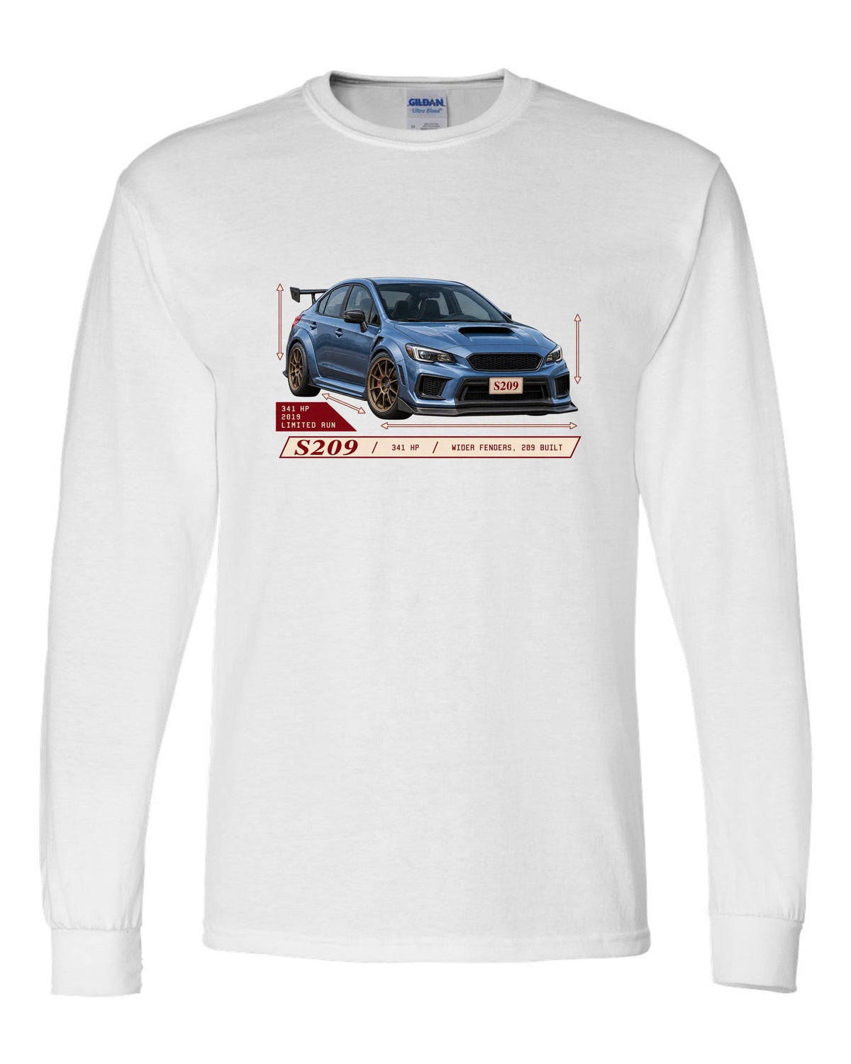 Subaru WRX STI S209 2019 widebody archive panel design white long sleeve front view with the design