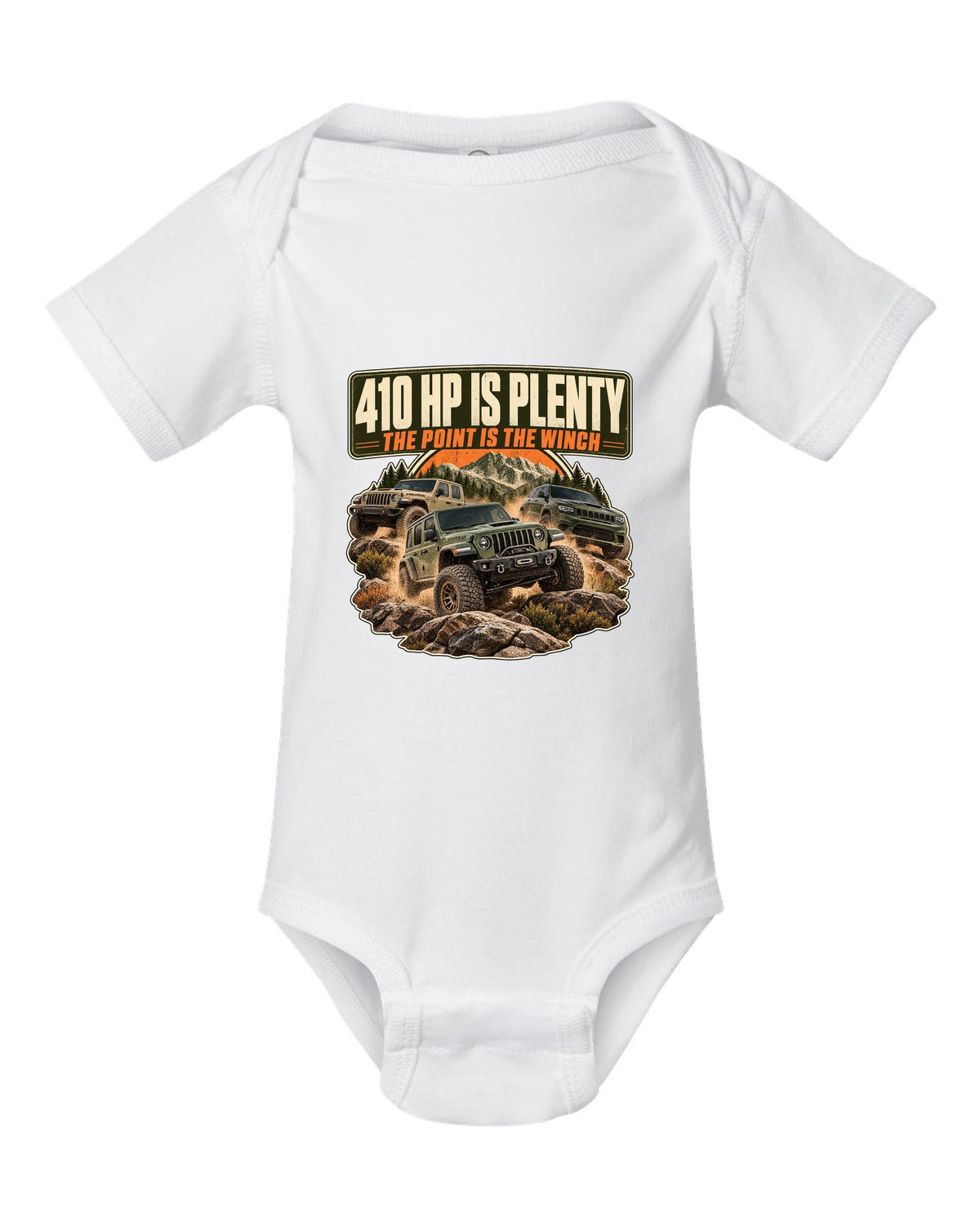Editorial headline print for the Ram 2500 Power Wagon 6.4L V8 about horsepower and the winch white baby onesie front view with the design