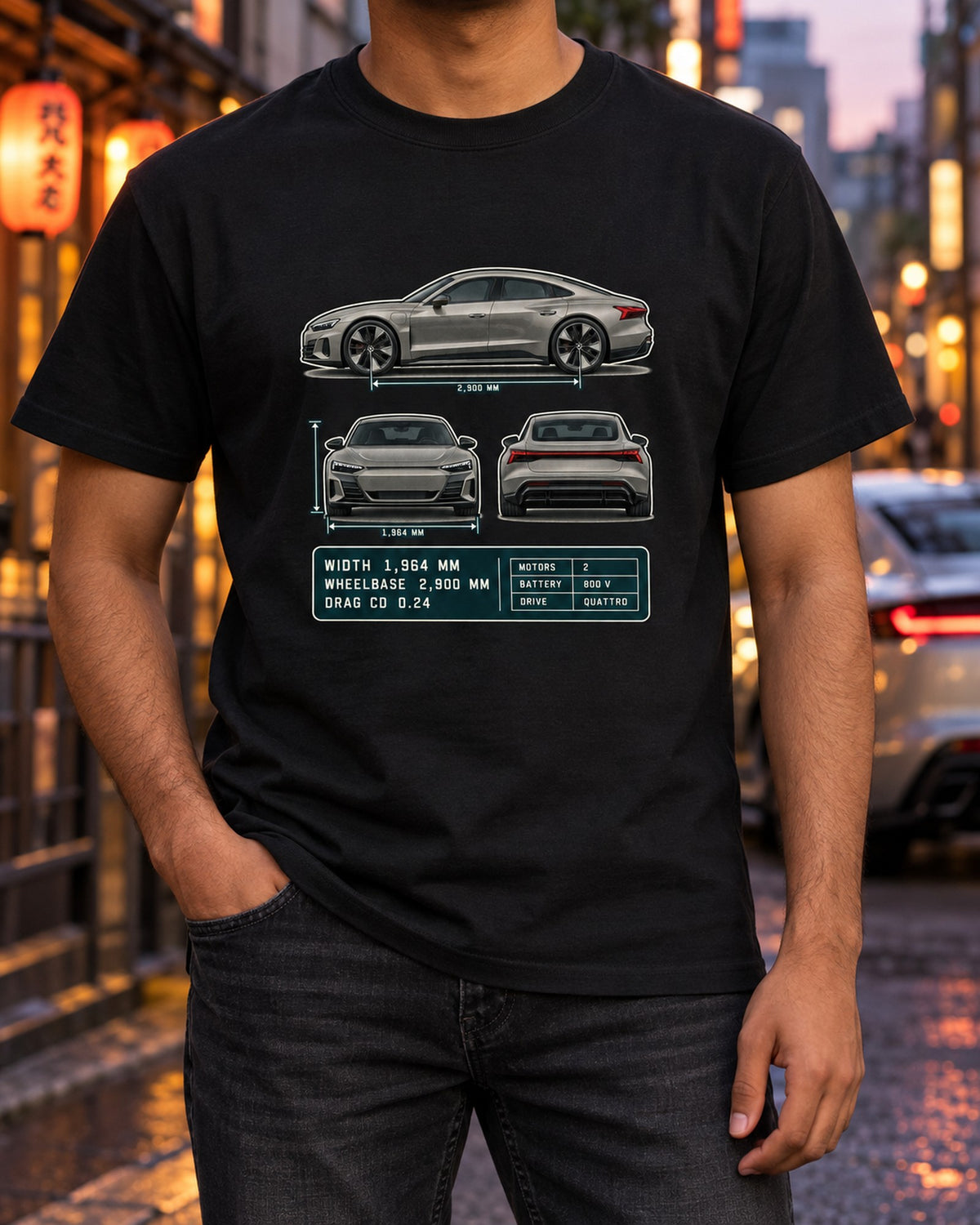Audi RS e-tron GT Three-View Spec Table Tee, Cd 0.24 Car Shirt T-Shirt Black worn hero
