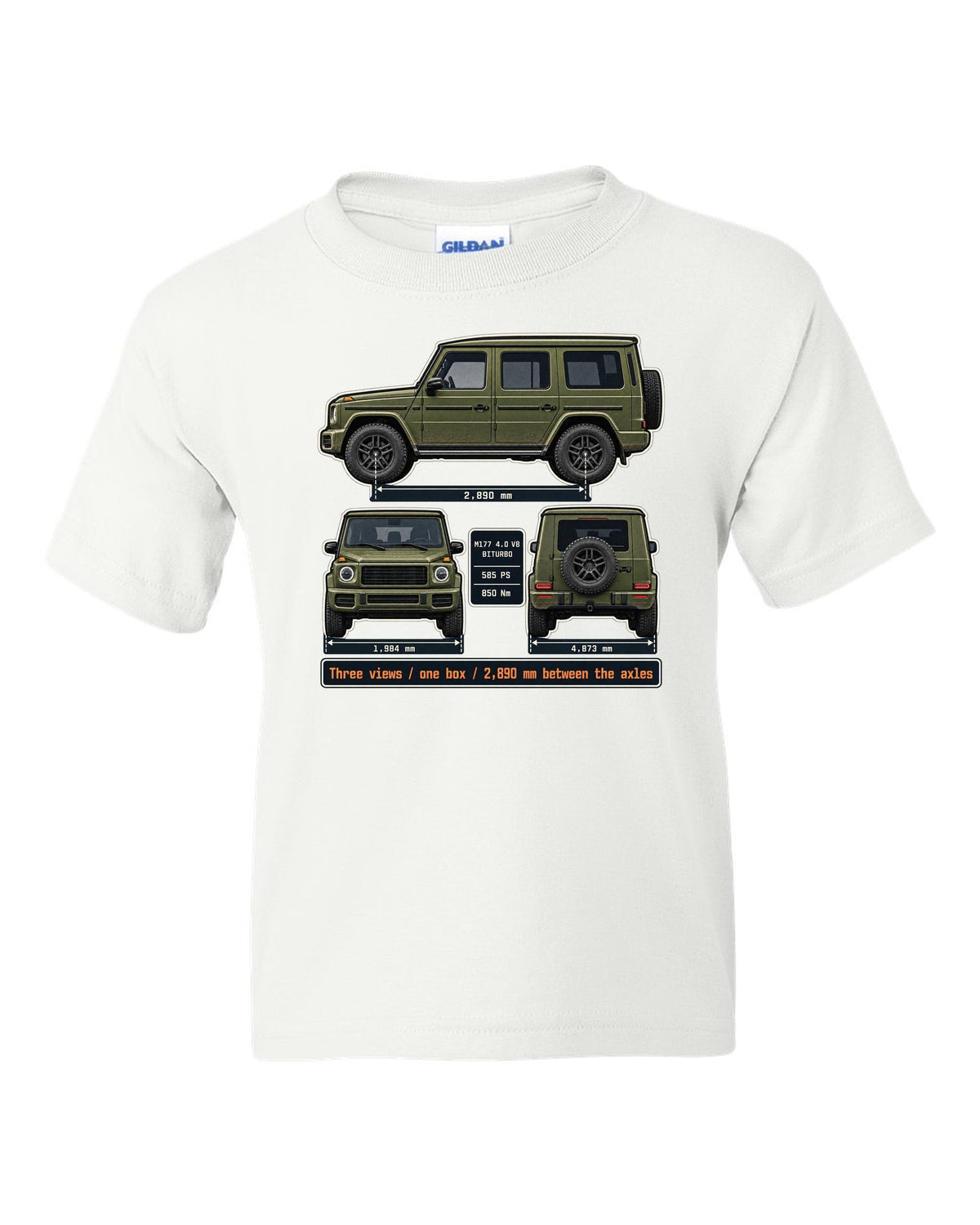 Three-view dossier print of a Mercedes-AMG G63 W463A white kids tee front view with the design