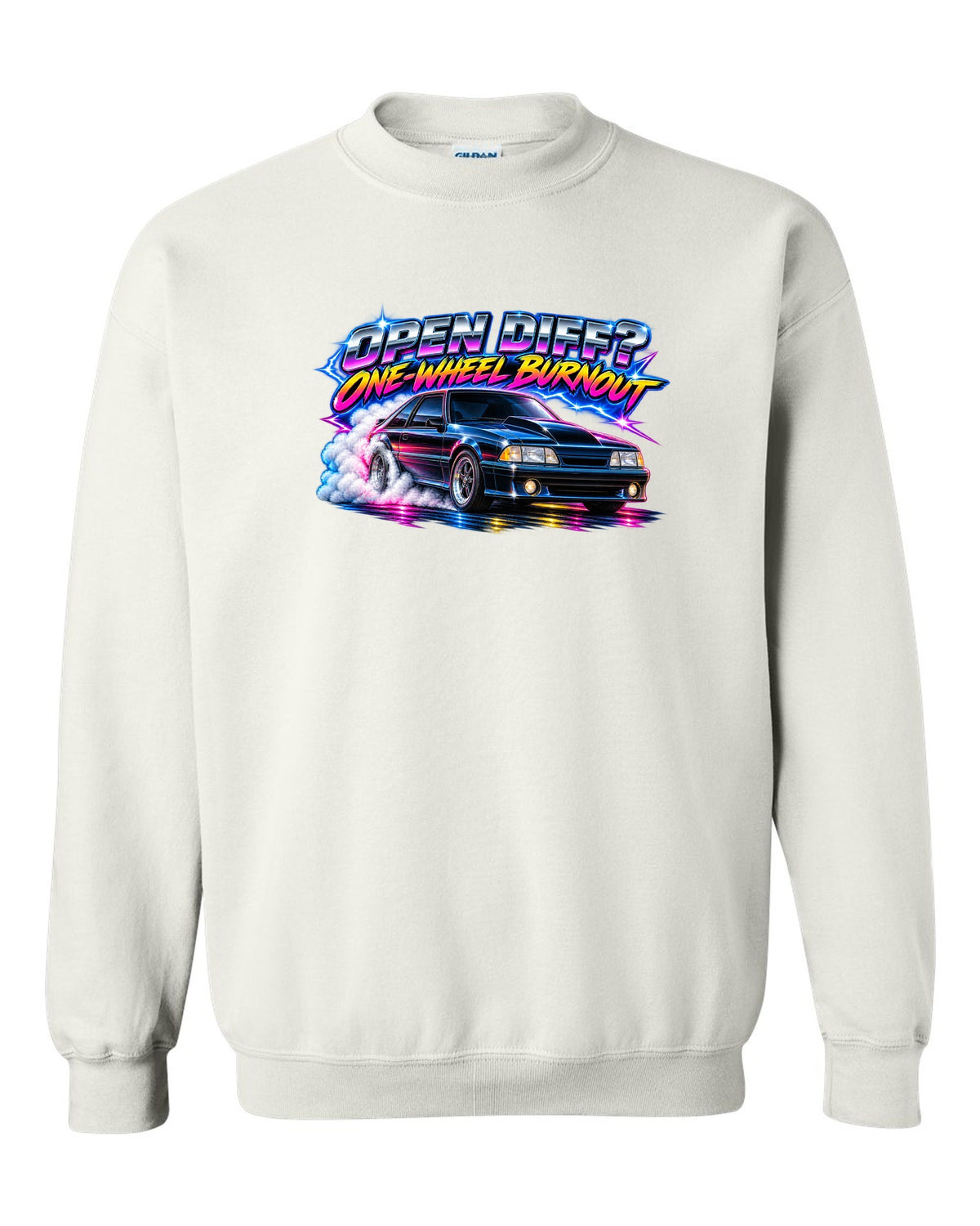 80s airbrush chrome print of a Ford Mustang Fox Body GT chback with a one-wheel burnout white crewneck front view with the design