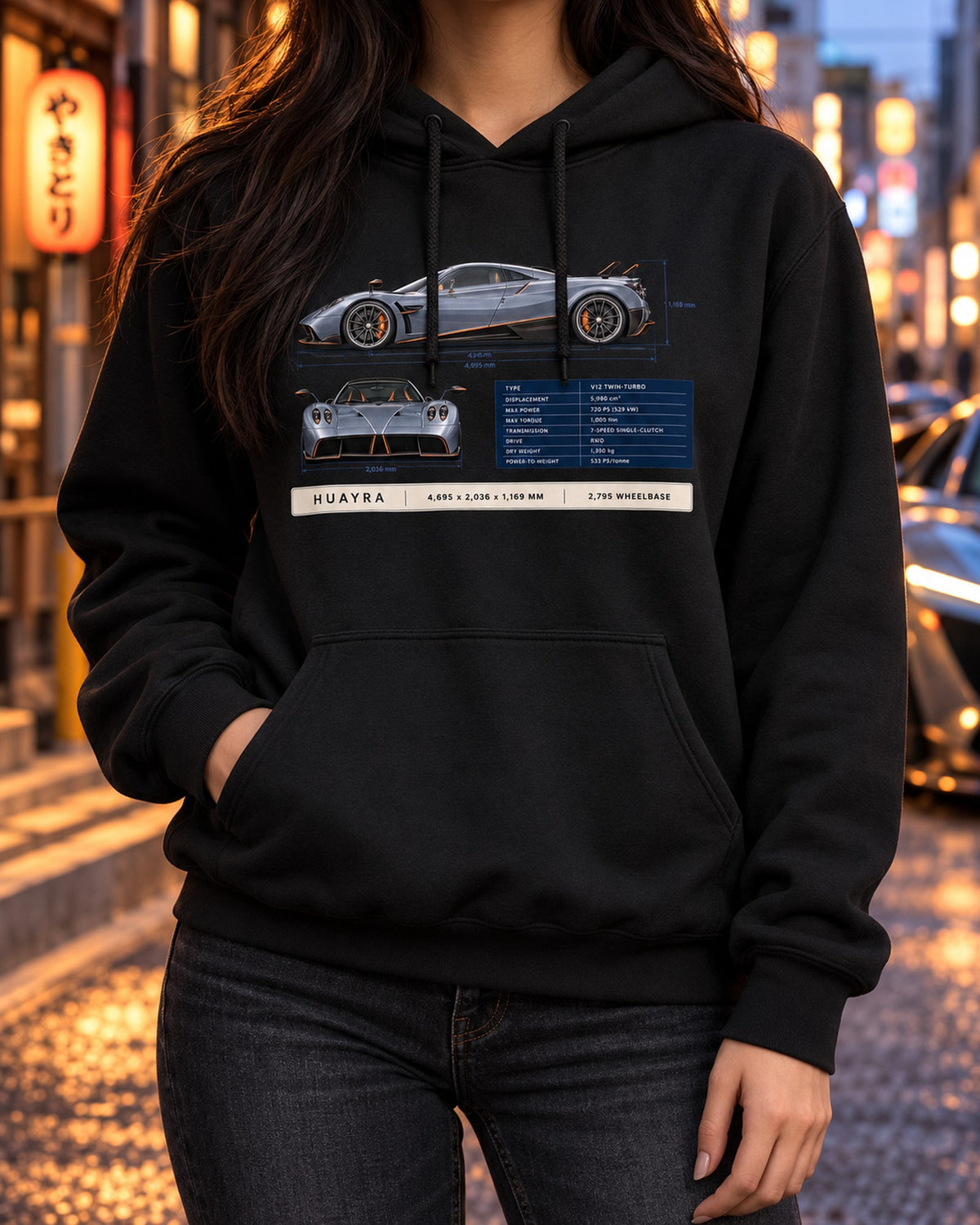 Pagani Huayra Coupe Dimension Blueprint Shirt, Car Guy Gift Pull Over Hoodie Black worn hero