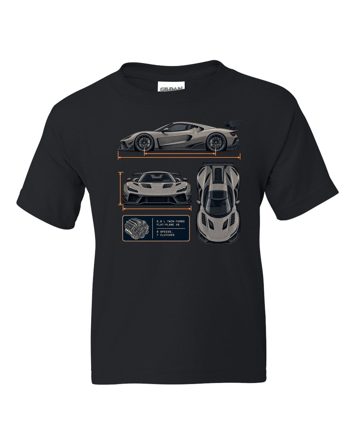 Three-view drawing and spec table of the Koenigsegg Jesko Attack, print black kids tee front view with the design