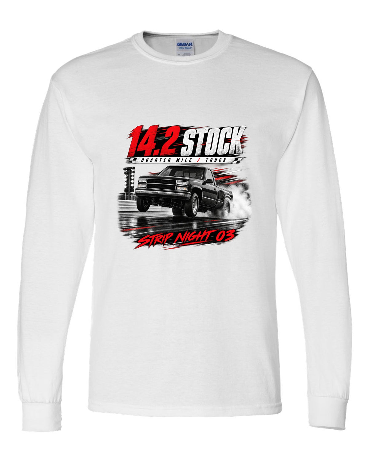 Race poster print of a 1993-95 Ford F-150 SVT Lightning with 14.2 quarter mile text white long sleeve front view with the design