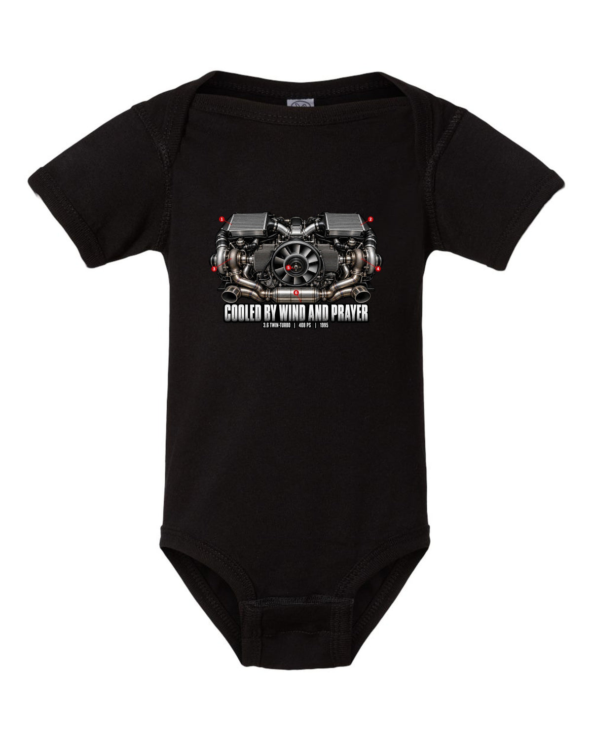 Engine hero print of the Porsche 911 Turbo (993) air-cooled twin-turbo flat-six with the line Cooled By Wind And Prayer black baby onesie front view with the design