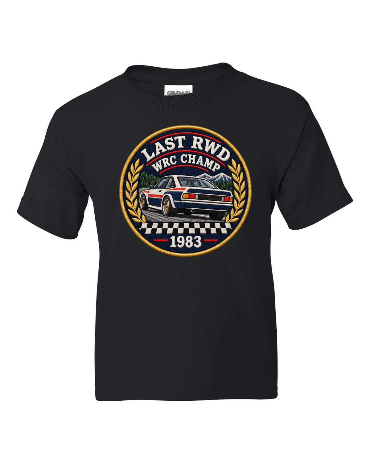 Embroidery patch style print of a 1983 Lancia Rally 037 with Last RWD WRC Champ lettering black kids tee front view with the design