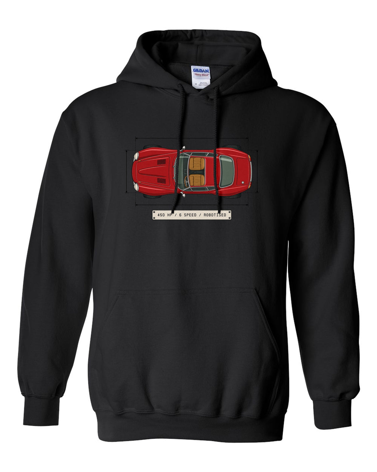 Spec sheet data plate for an Alfa Romeo 8C Competizione with 450 HP 6 speed robotised black pull over hoodie front view with the design