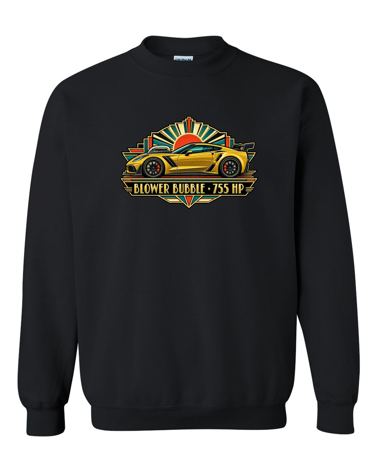 Art deco racing poster print of a 2019 Chevrolet Corvette C7 ZR1 with 755 HP blower bubble lettering black crewneck front view with the design