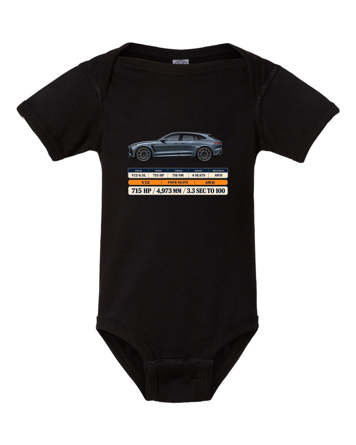 Spec poster print of the Ferrari Purosangue with power and length figures black baby onesie front view with the design