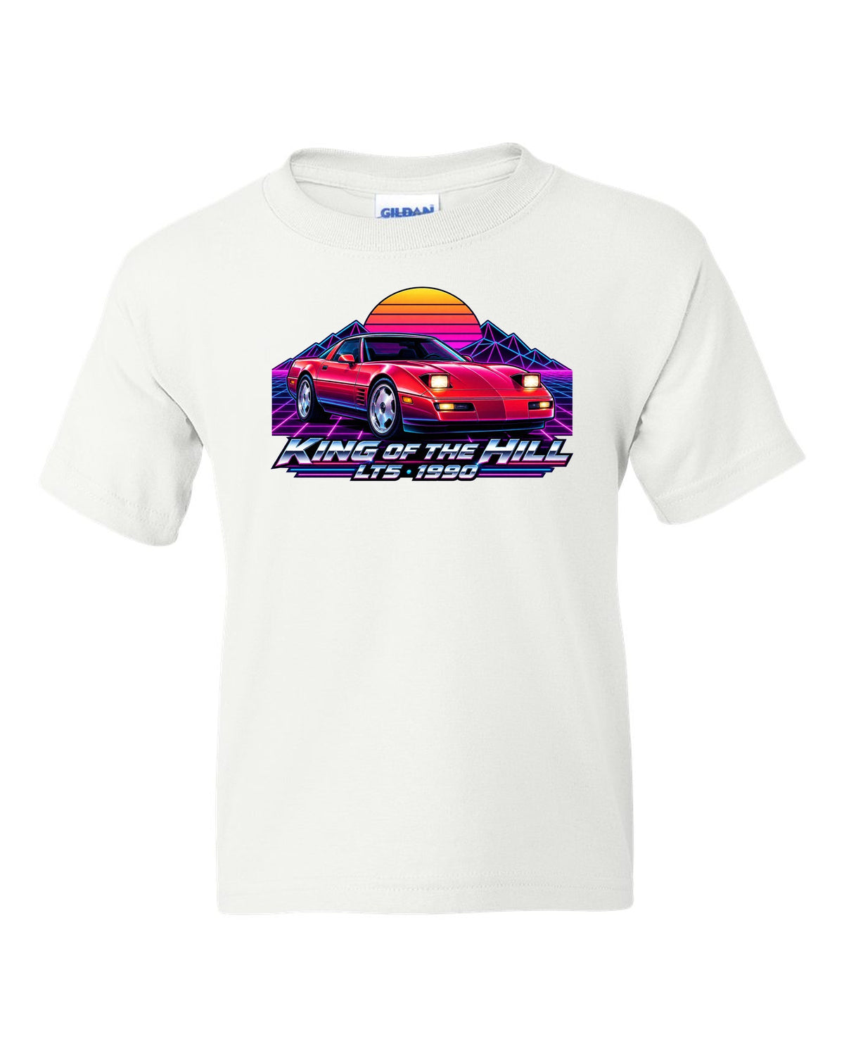 Synthwave neon horizon print of a 1990 Chevrolet Corvette C4 ZR-1 with King of the Hill LT5 lettering white kids tee front view with the design