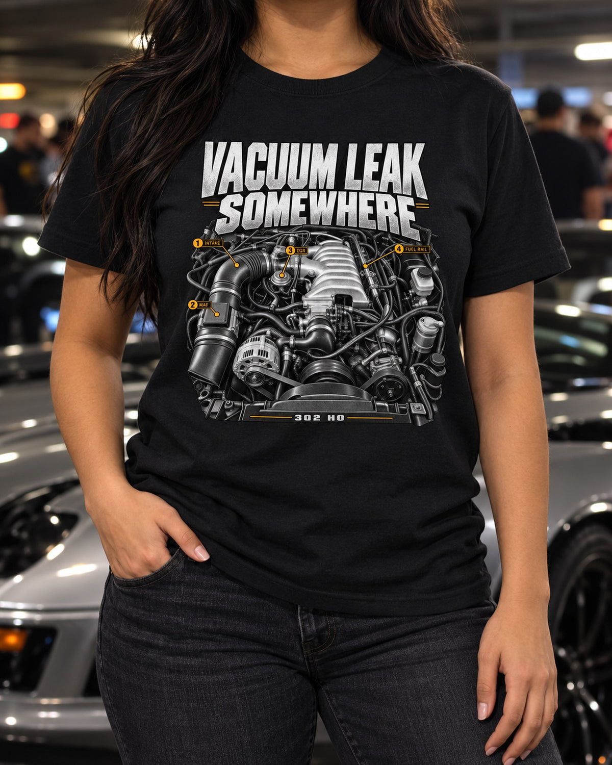 Fox Body Mustang 302 HO Vacuum Leak Engine Bay Shirt T-Shirt Black worn hero