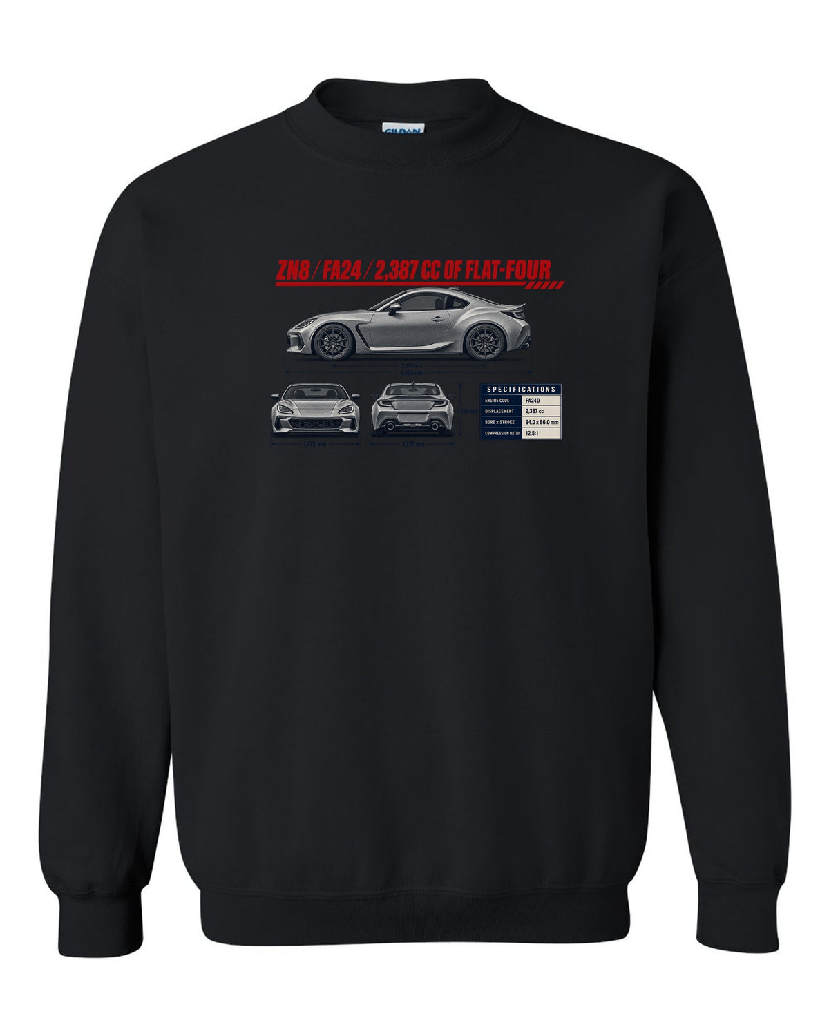 Three-view drawing with spec table of a Toyota GR86 ZN8, poster-style print black crewneck front view with the design