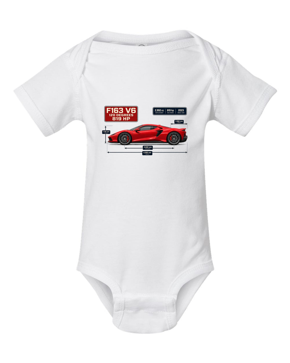 Blueprint style print of a signal red Ferrari 296 GTB with dimension lines white baby onesie front view with the design