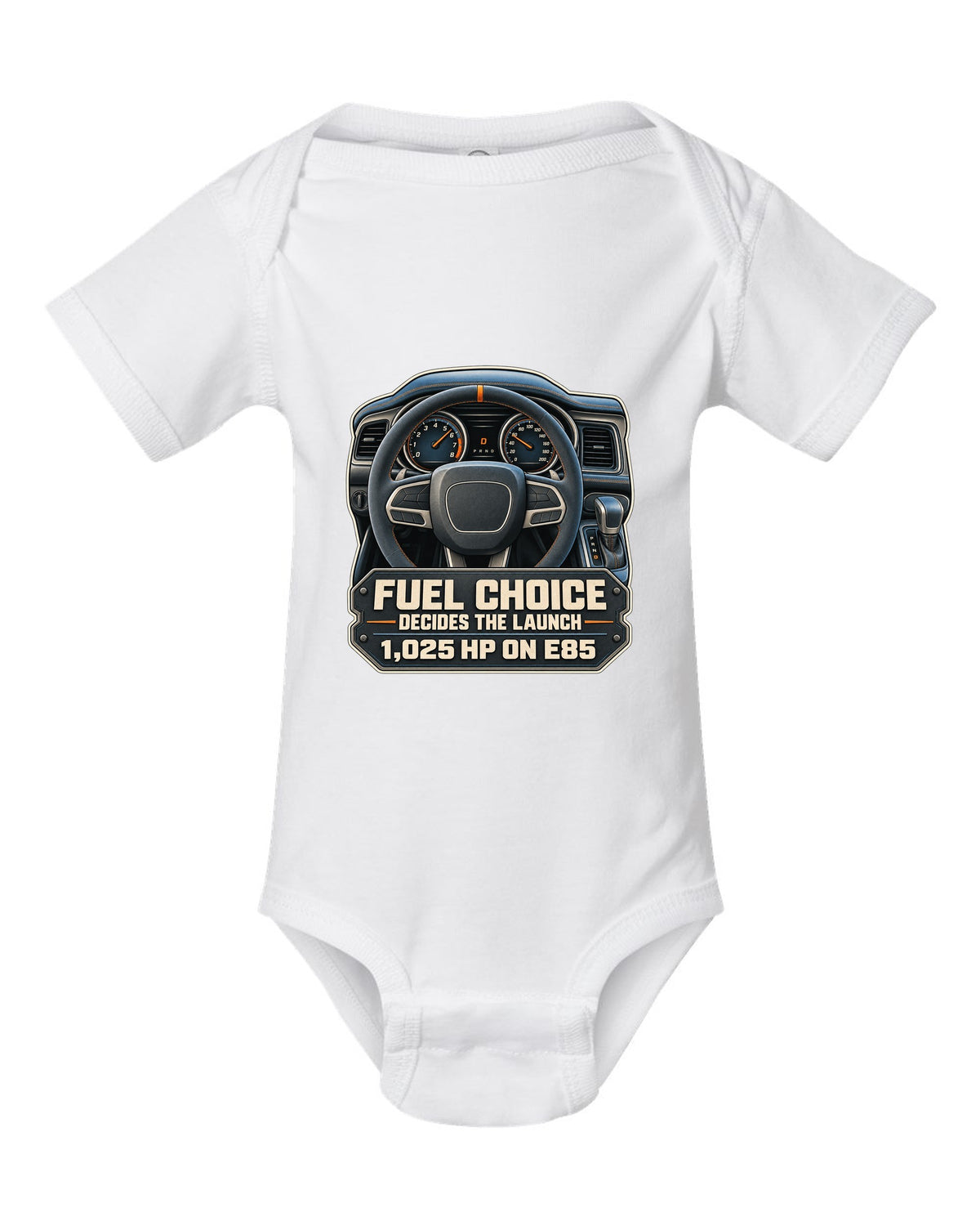 Dodge Challenger SRT Demon 170 cockpit gauge print with E85 1,025 HP text white baby onesie front view with the design