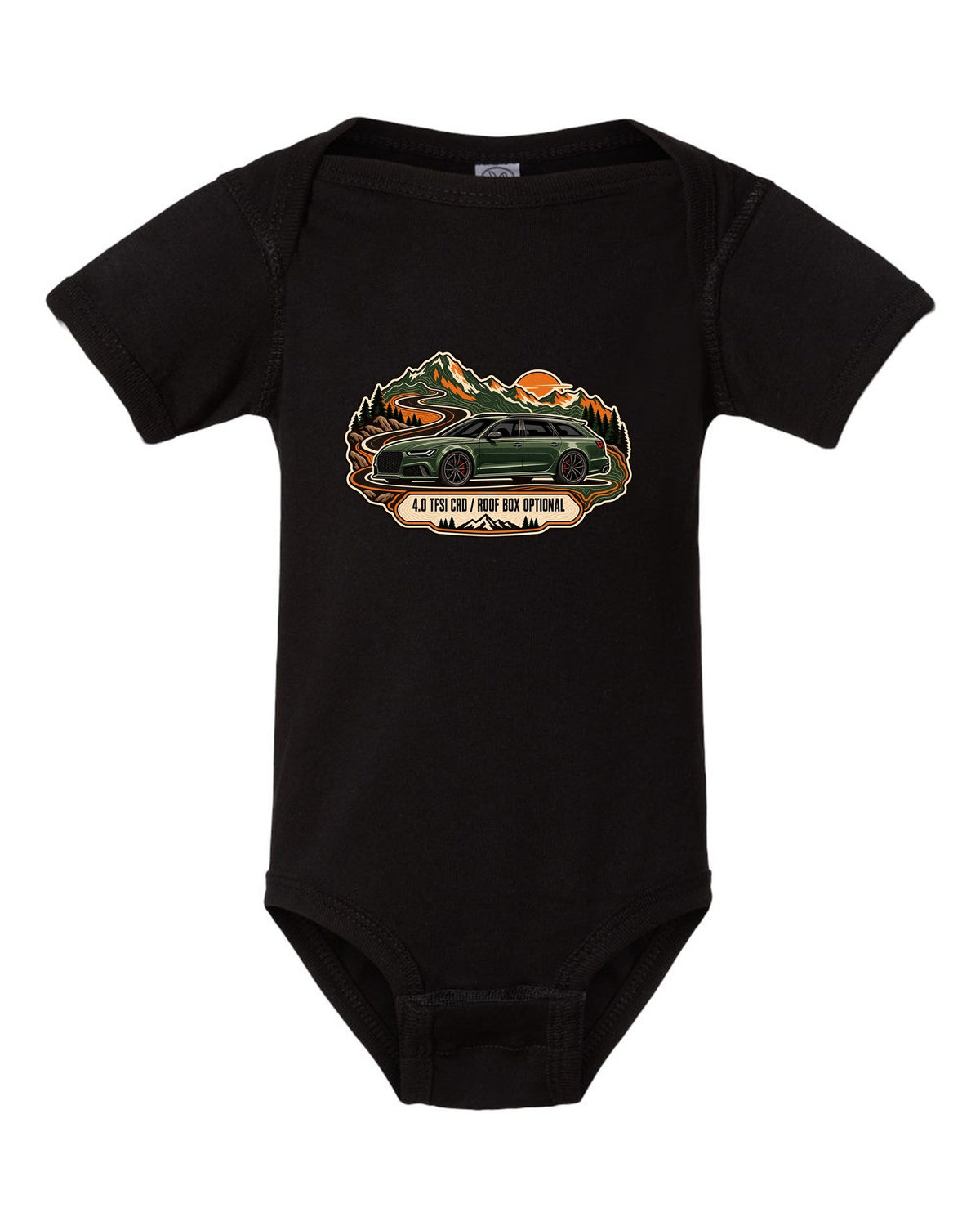 Topographic route map design of the Audi RS6 Avant C7 4G with 4.0 TFSI and roof box optional lettering black baby onesie front view with the design