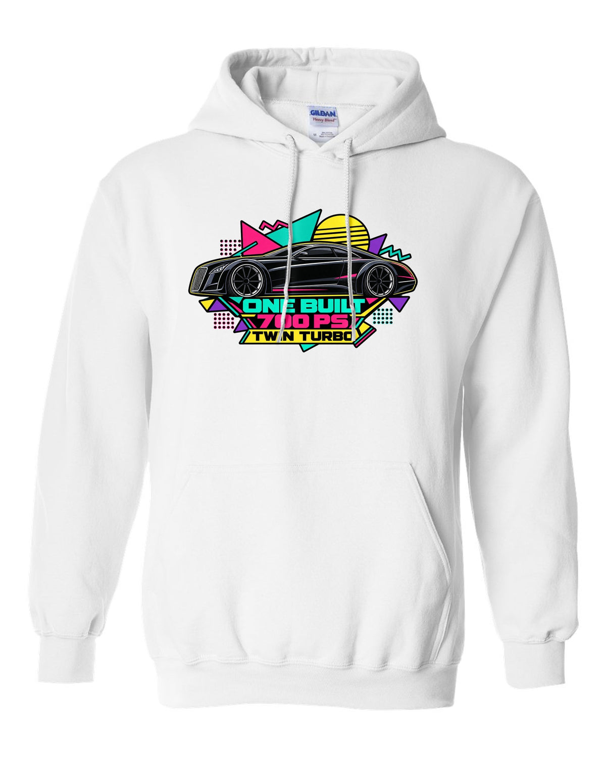Retro Memphis style vector illustration of the one-off Maybach Exelero with One Built 700 PS Twin Turbo text white pull over hoodie front view with the design
