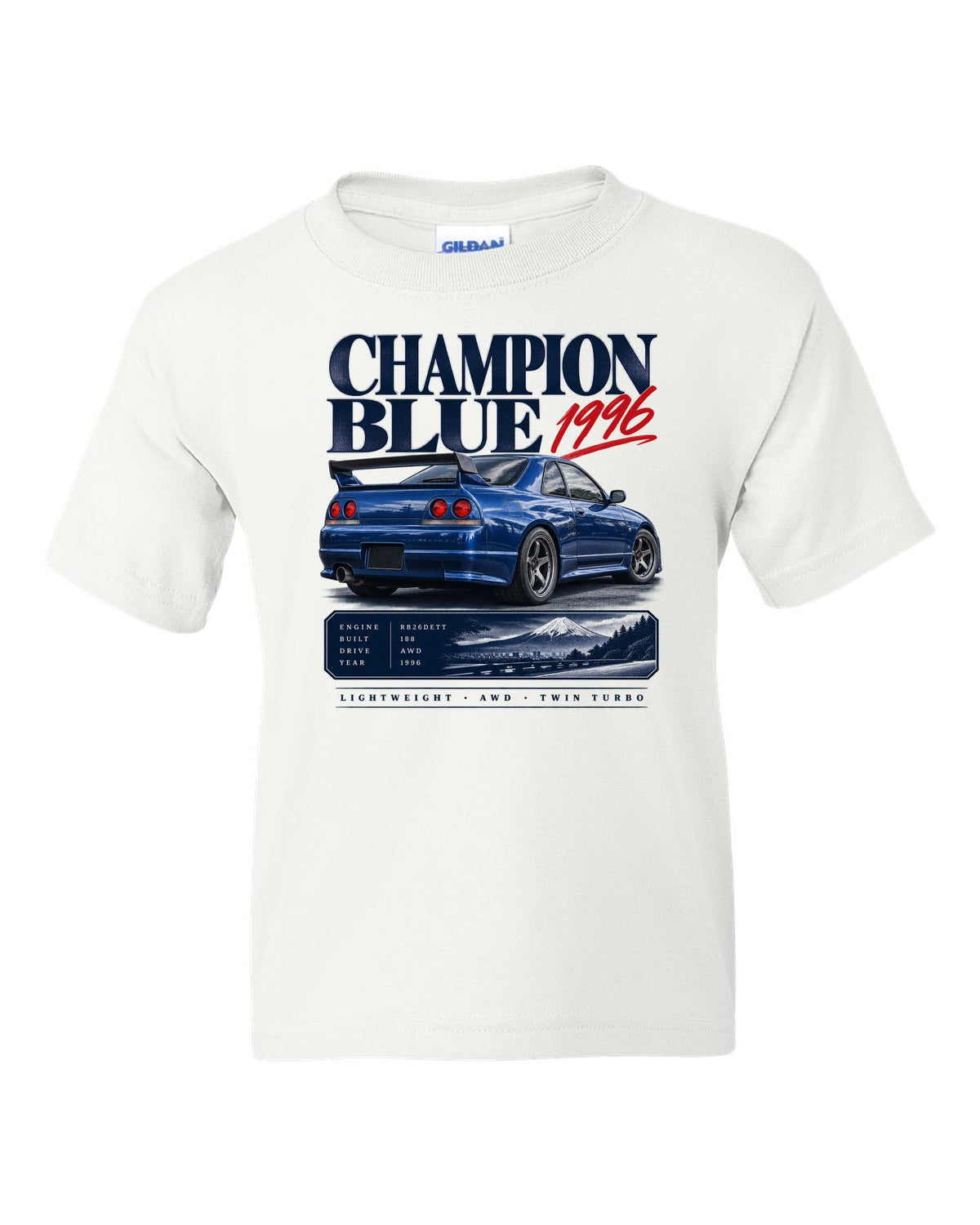Archive panel of a Nissan Skyline GT-R R33 LM Limited in Champion Blue with 1996 and 188 made lettering white kids tee front view with the design
