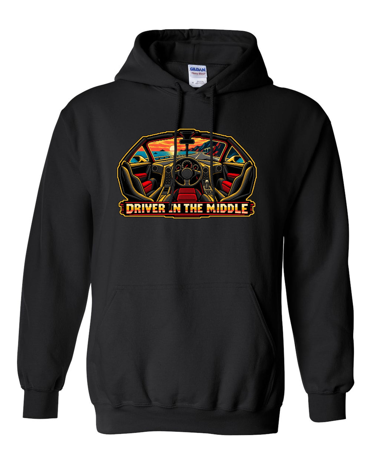 8/16-bit pixel art print of the McLaren F1 with Driver in the Middle lettering black pull over hoodie front view with the design