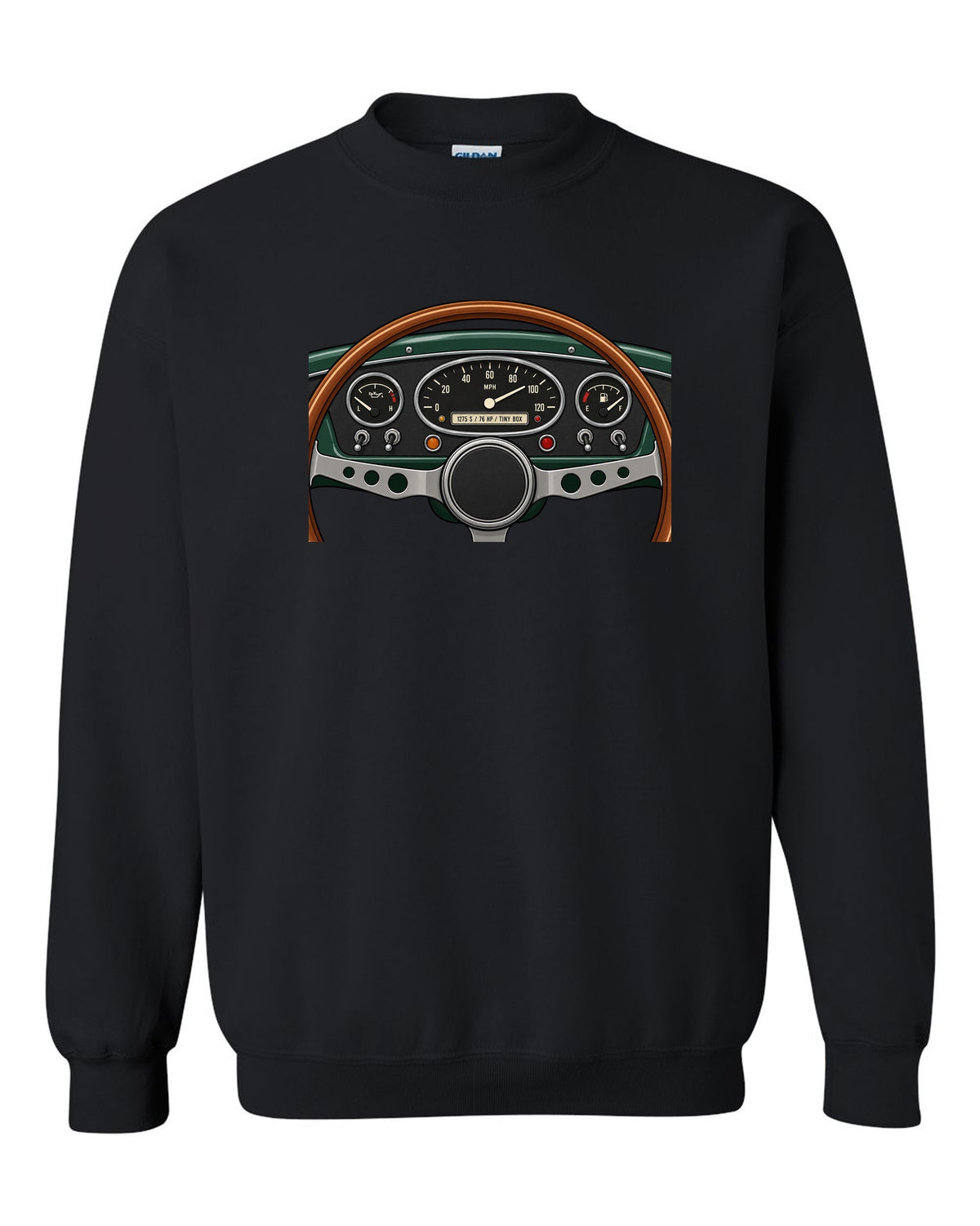 Gauge cluster readout for a classic Mini Cooper S with 1275 S and 76 HP black crewneck front view with the design