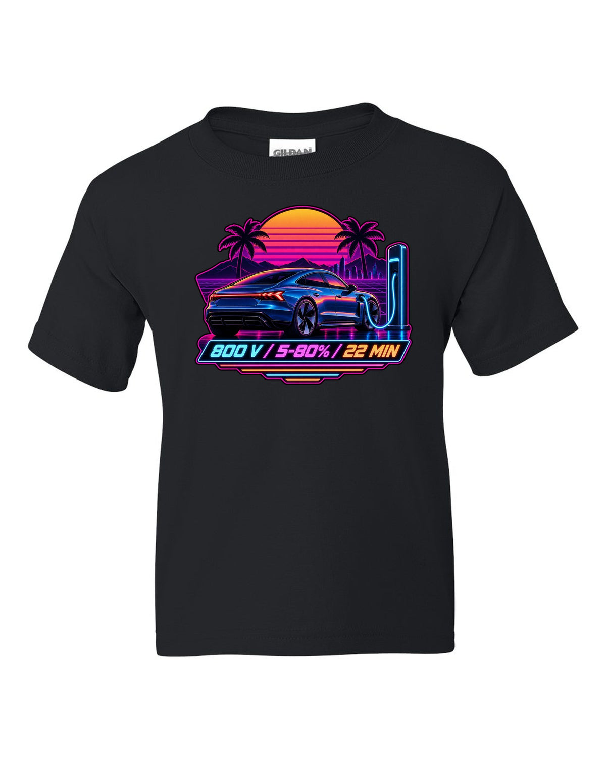 Outrun style print of an Audi e-tron GT with 800 V charging figures black kids tee front view with the design