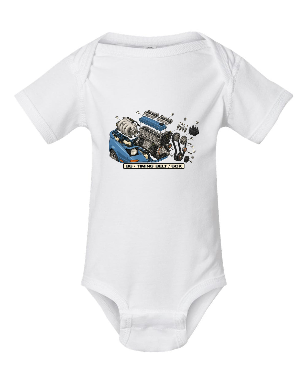 Exploded engine diagram print of a Mazda MX-5 NA B6 1.6L with timing belt 60K text white baby onesie front view with the design