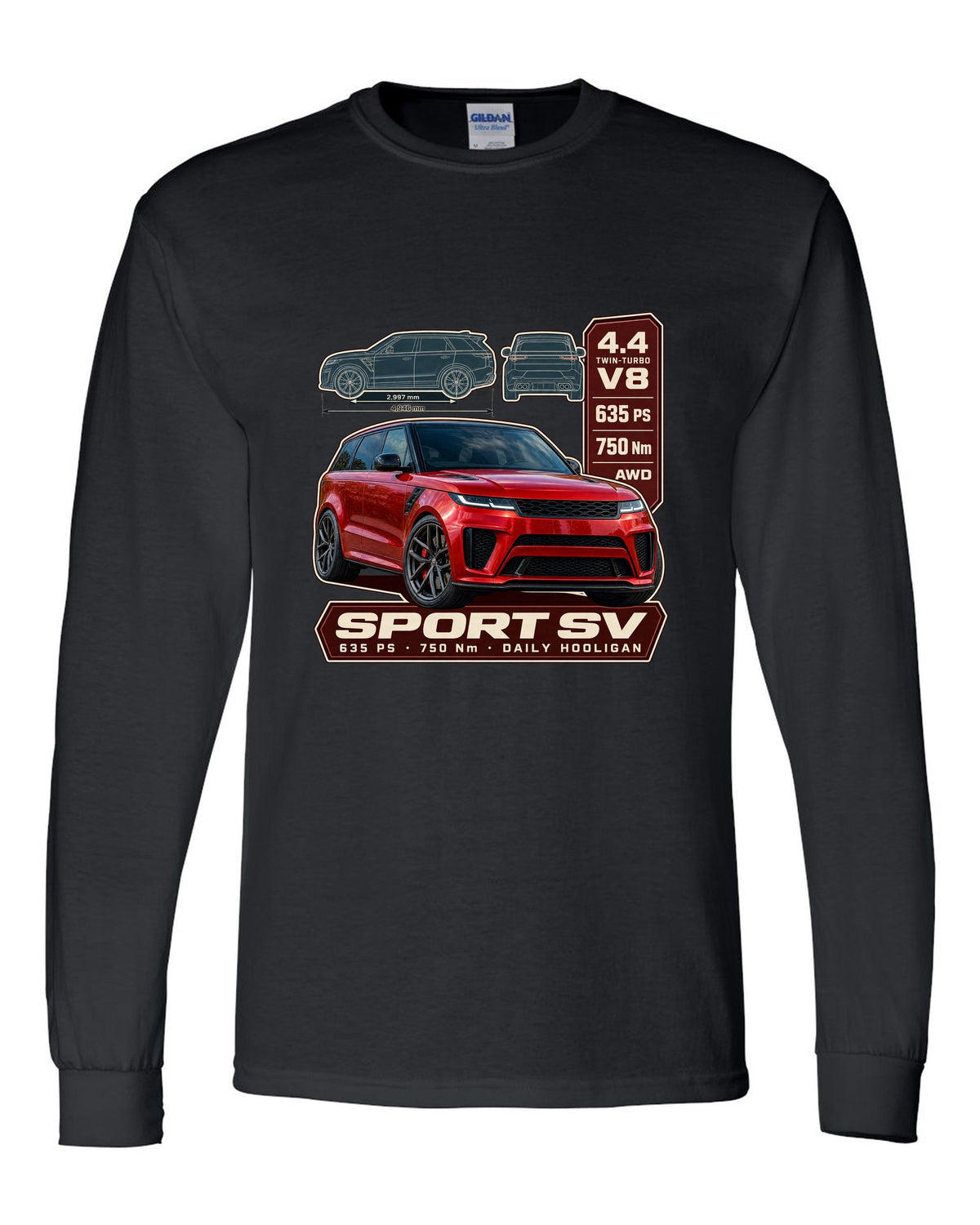 Spec poster print of the Range Rover Sport SV L461 with power and torque black long sleeve front view with the design