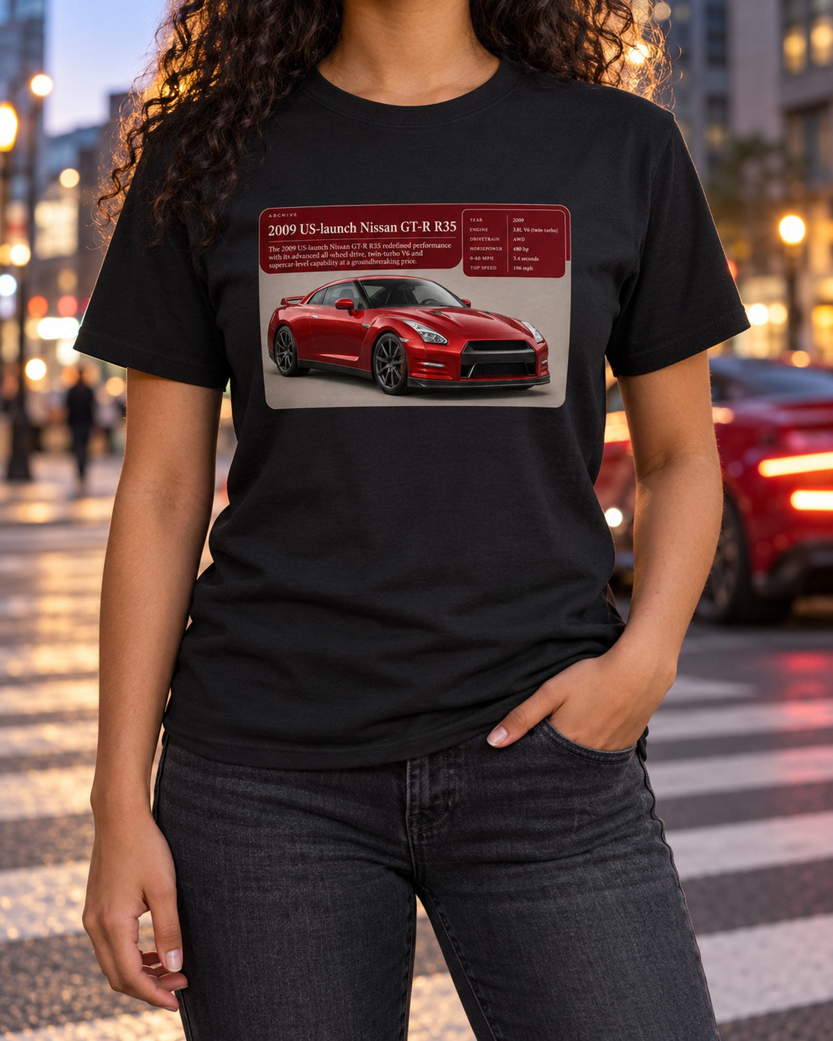 Nissan GT-R R35 2009 US Launch Shirt, Archive Panel Tee T-Shirt Black worn hero