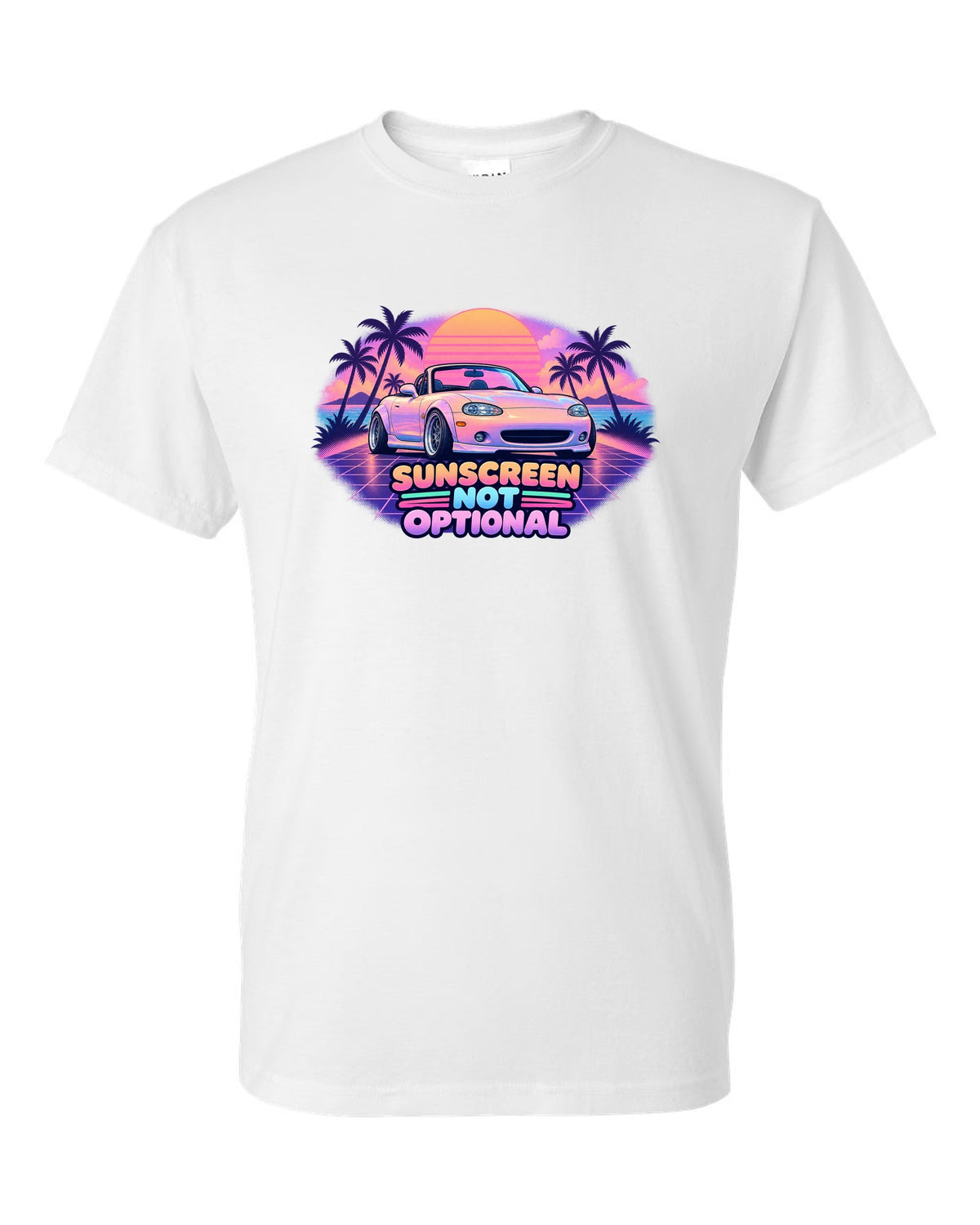 Vaporwave pastel print of a Mazda MX-5 NB Miata with the roof down and the text Sunscreen Not Optional white t-shirt front view with the design