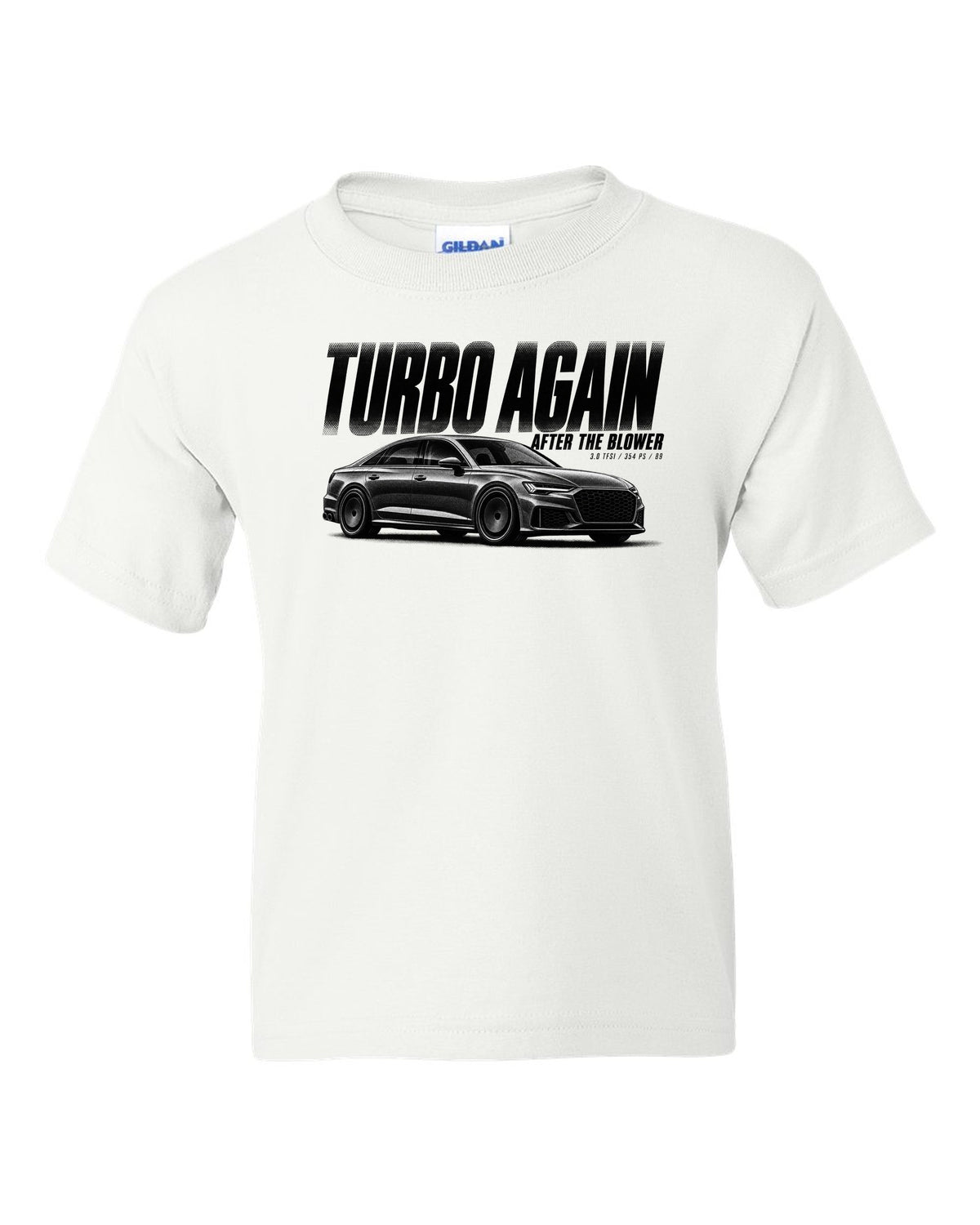 Audi S4 B9 Sedan Halftone Statement print white kids tee front view with the design