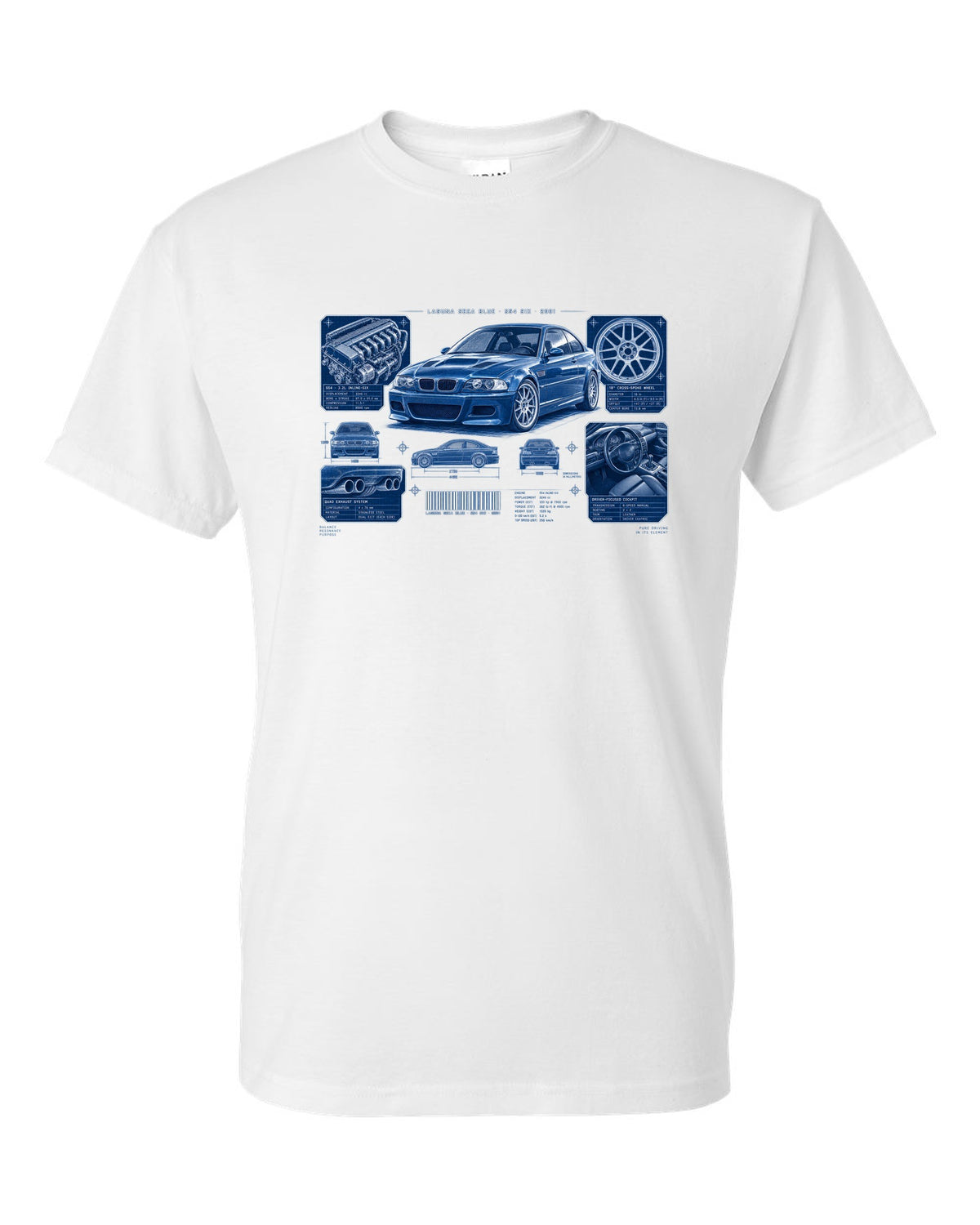 BMW E46 M3 coupe dossier panel print with Laguna Seca Blue S54 six and 2001 text white t-shirt front view with the design