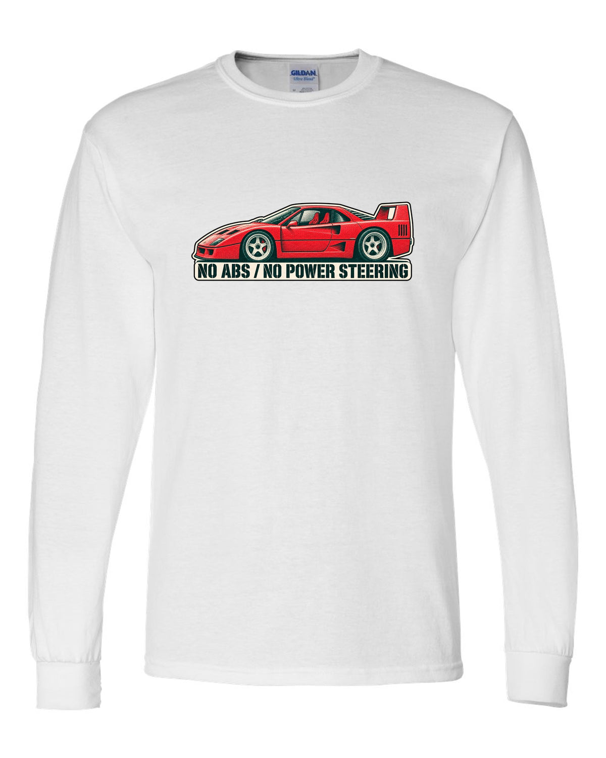 Two-colour halftone risograph print of a 1987 Ferrari F40 F120 with no ABS and no power steering text white long sleeve front view with the design