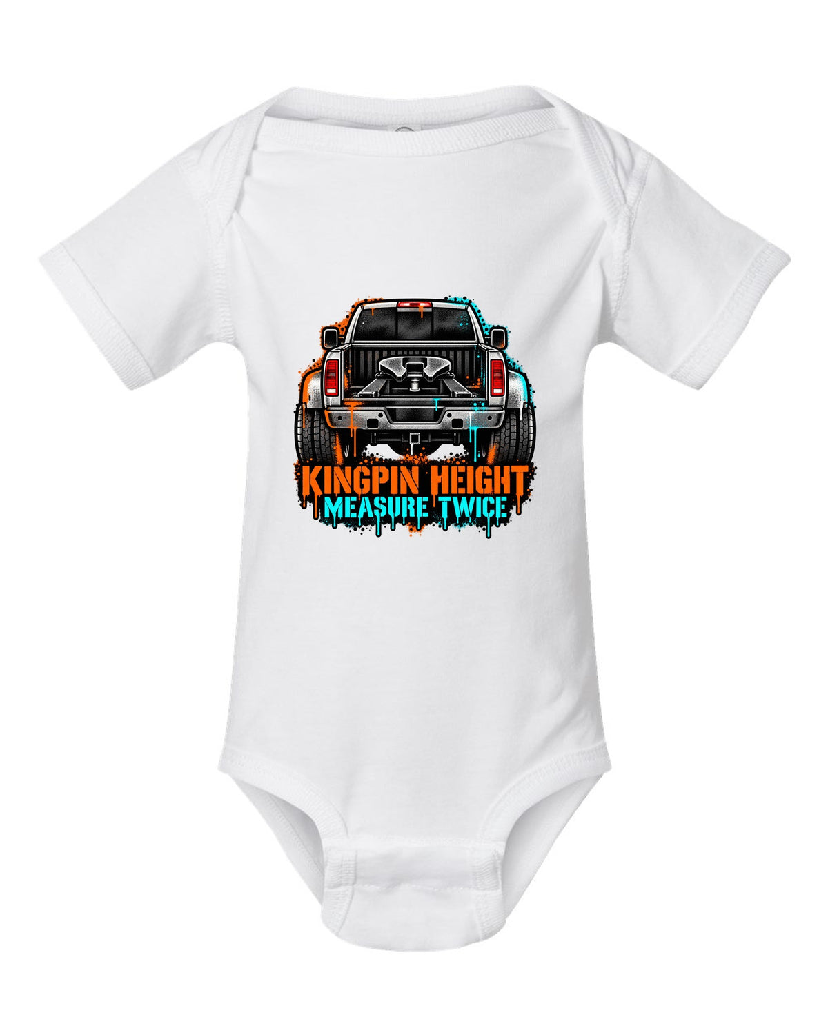 Stencil spray-art print of a 2010-2018 Ram 3500 6.7 Cummins rear with fifth wheel and kingpin height text white baby onesie front view with the design