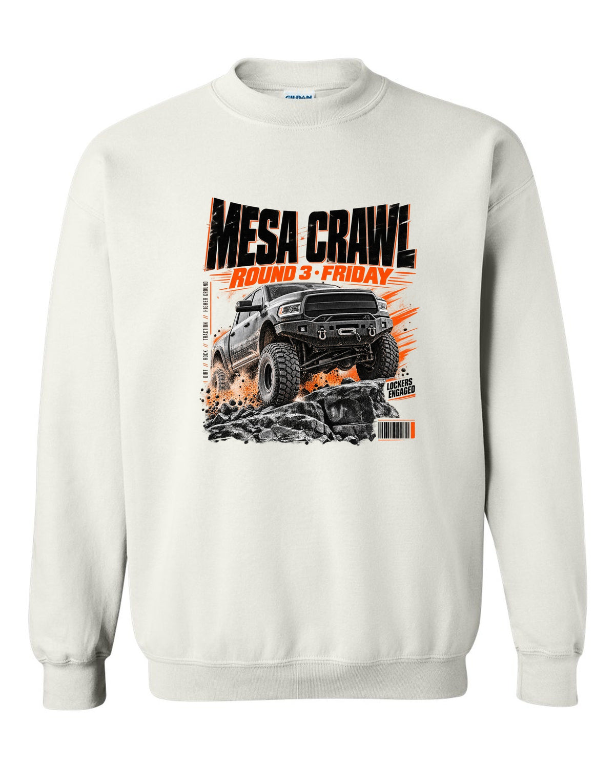 Race poster print of a Ram 2500 Power Wagon at a Mesa Crawl event white crewneck front view with the design