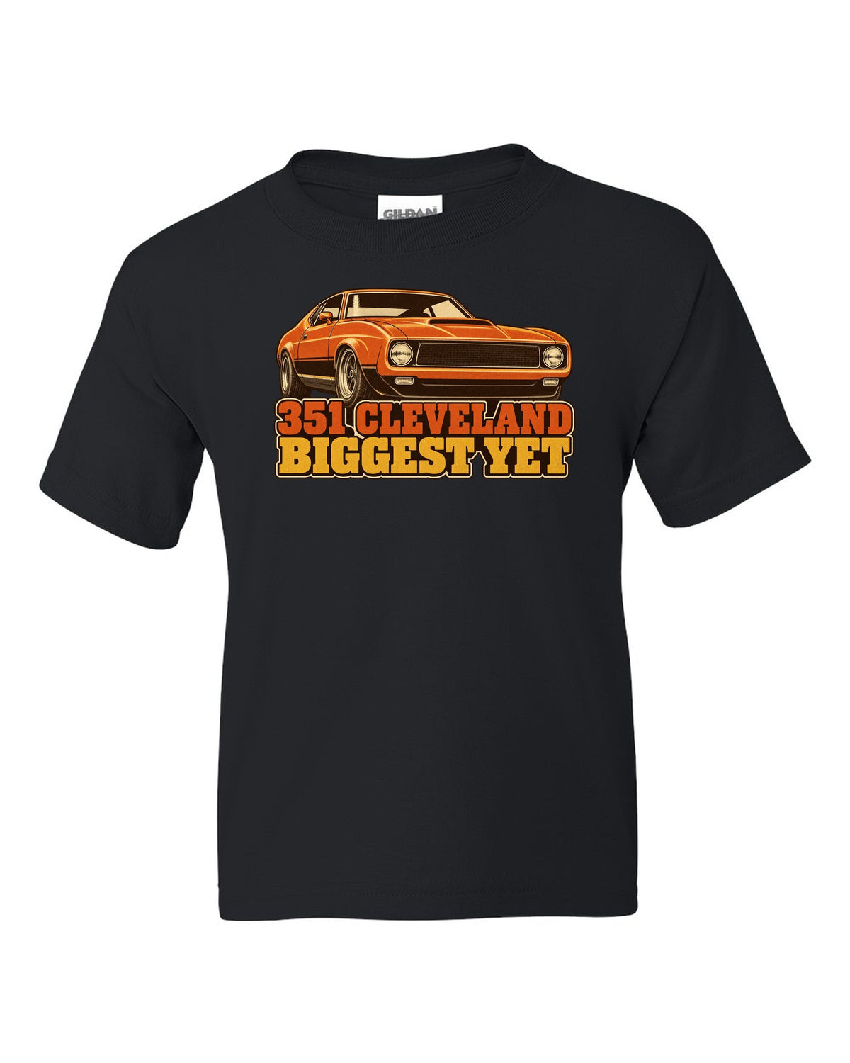 Vintage 70s race poster print of a 1971 Ford Mustang fastback with 351 Cleveland text black kids tee front view with the design