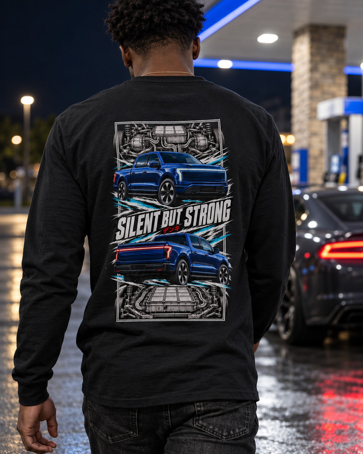 Ford F-150 Lightning Torn Poster Full-Back Graphic Tee Long Sleeve Black worn hero