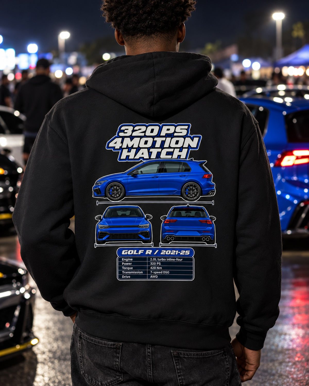 Volkswagen Golf R Mk8 Spec Sheet Full-Back Graphic Tee Pull Over Hoodie Black worn hero