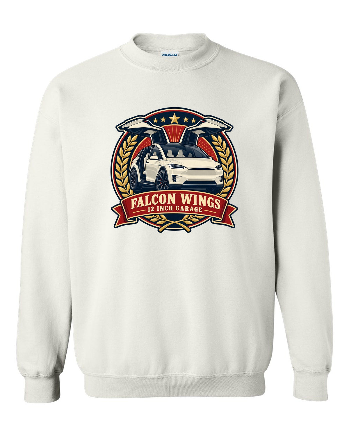 Vintage badge illustration print of a Tesla Model X with falcon wing doors reading Falcon Wings 12 Inch Garage white crewneck front view with the design