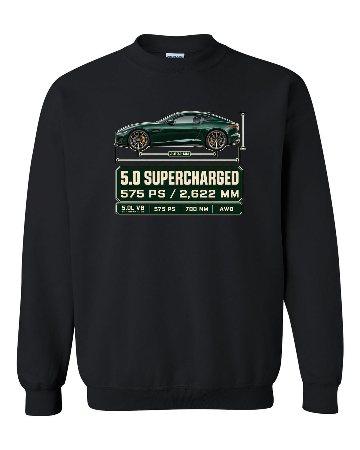 Spec poster print of the Jaguar F-Type R Coupe with 5.0 supercharged and 575 PS text black crewneck front view with the design