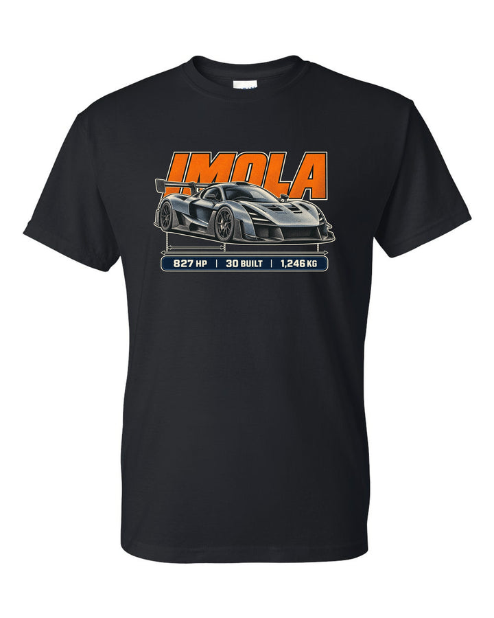 Halftone print of the Pagani Huayra Imola with the text Imola, 827 hp, 30 built, 1,246 kg black t-shirt front view with the design