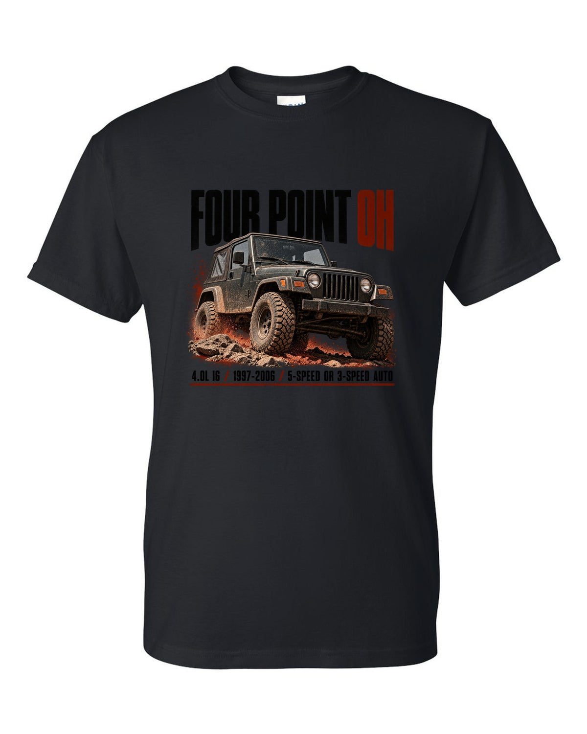 Halftone print for the Jeep Wrangler TJ 4.0L I6, 1997-2006 black t-shirt front view with the design