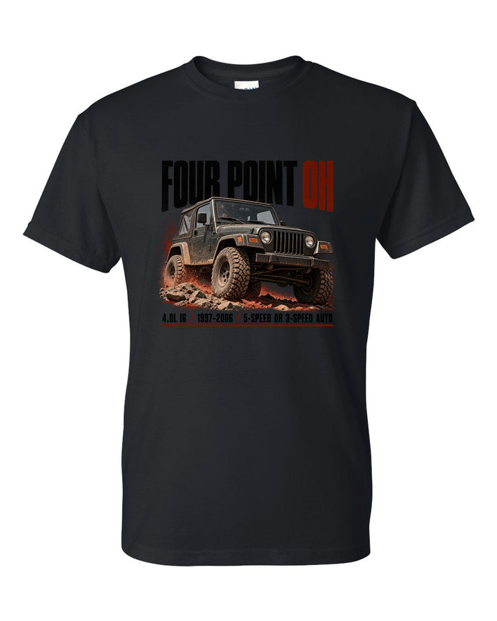 Halftone print for the Jeep Wrangler TJ 4.0L I6, 1997-2006 black t-shirt front view with the design