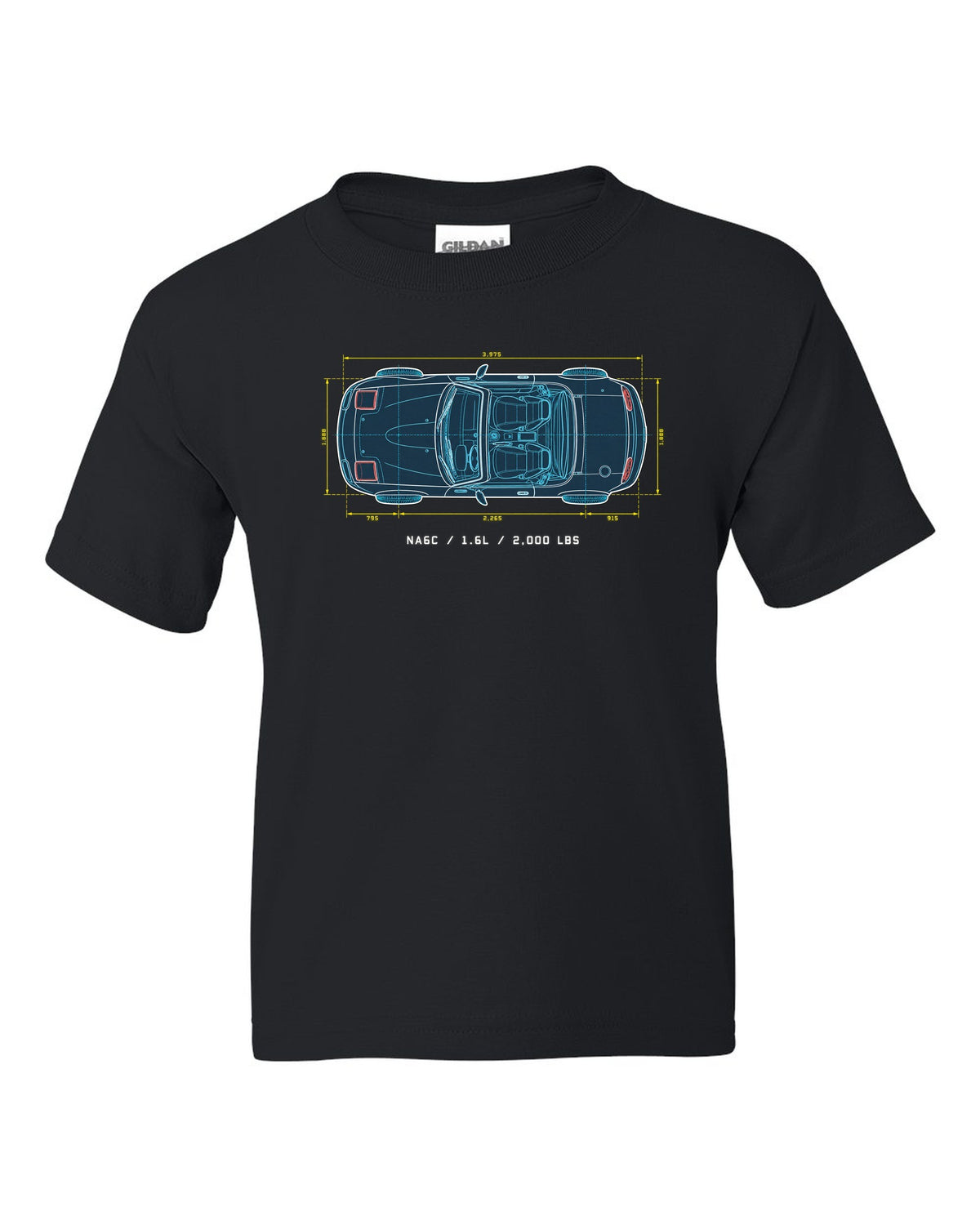 Technical blueprint line art of the Mazda MX-5 NA6C with 1.6L and 2,000 lbs text black kids tee front view with the design