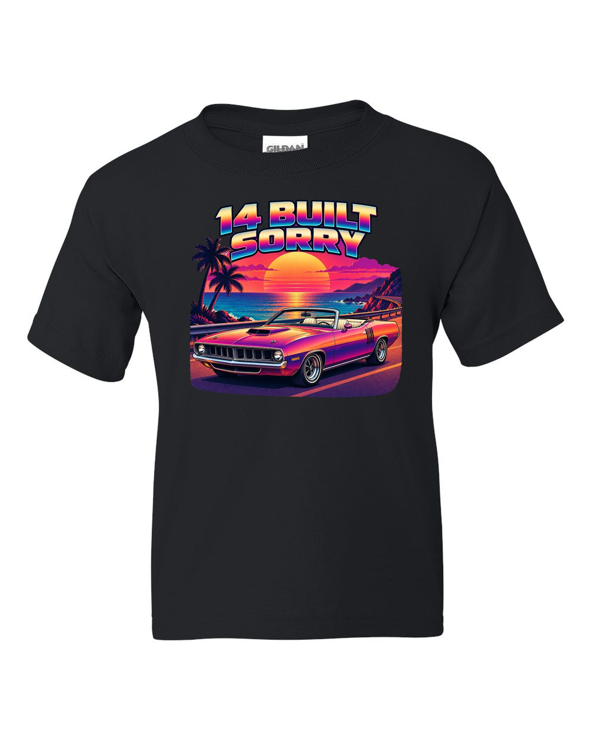 Sunset gradient synth vector print of a 1970 Plymouth Hemi 'Cuda convertible with 14 built text black kids tee front view with the design